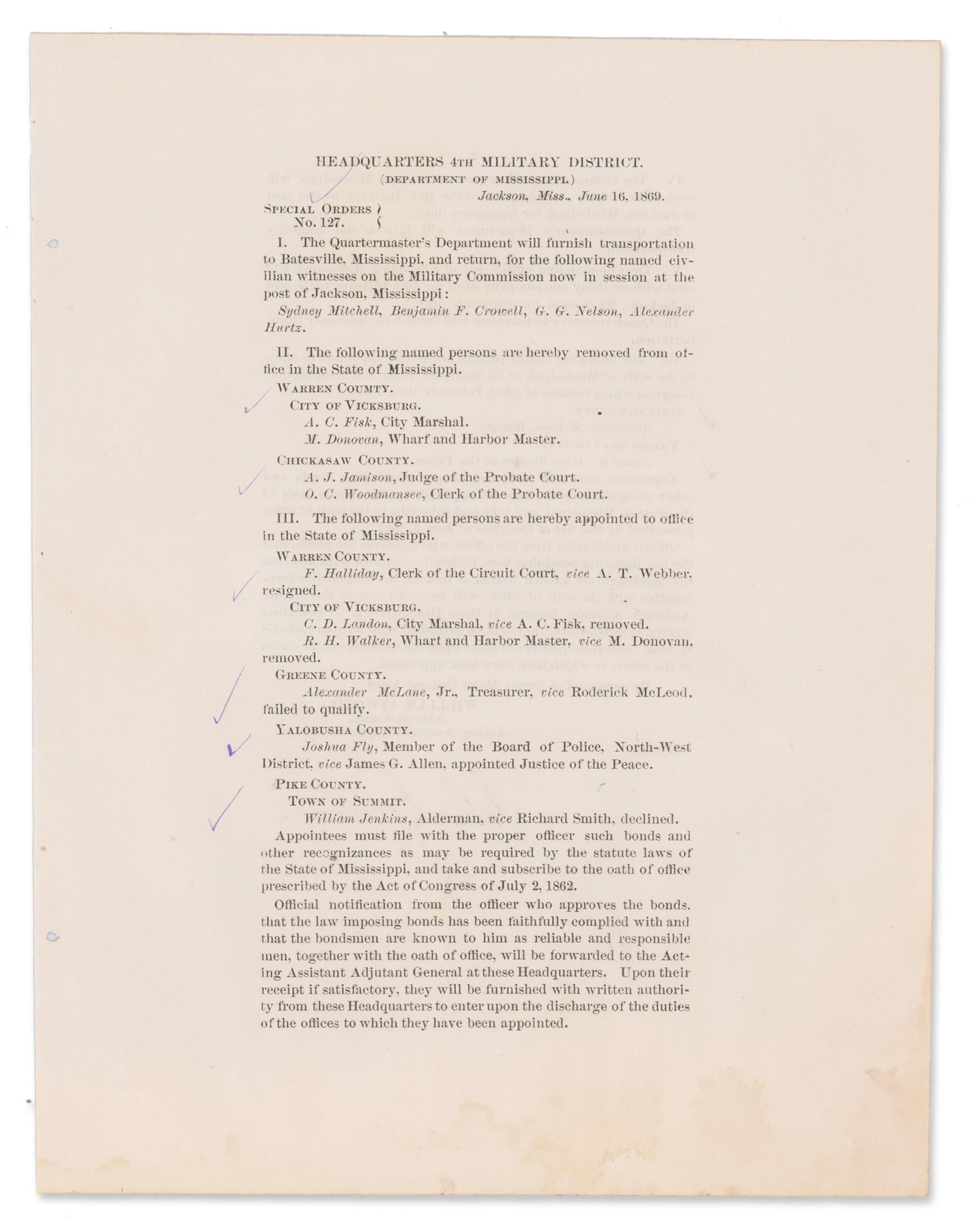 Reconstruction Era Special Order Appointing City Officials in Mississippi: Reconstruction Jackson, MS, June 16, 1869 Reconstruction Era Special Order Appointing City Officials in Mississippi Printed document Reconstruction era Special Orders No. 127. 2pp, 7.375” x