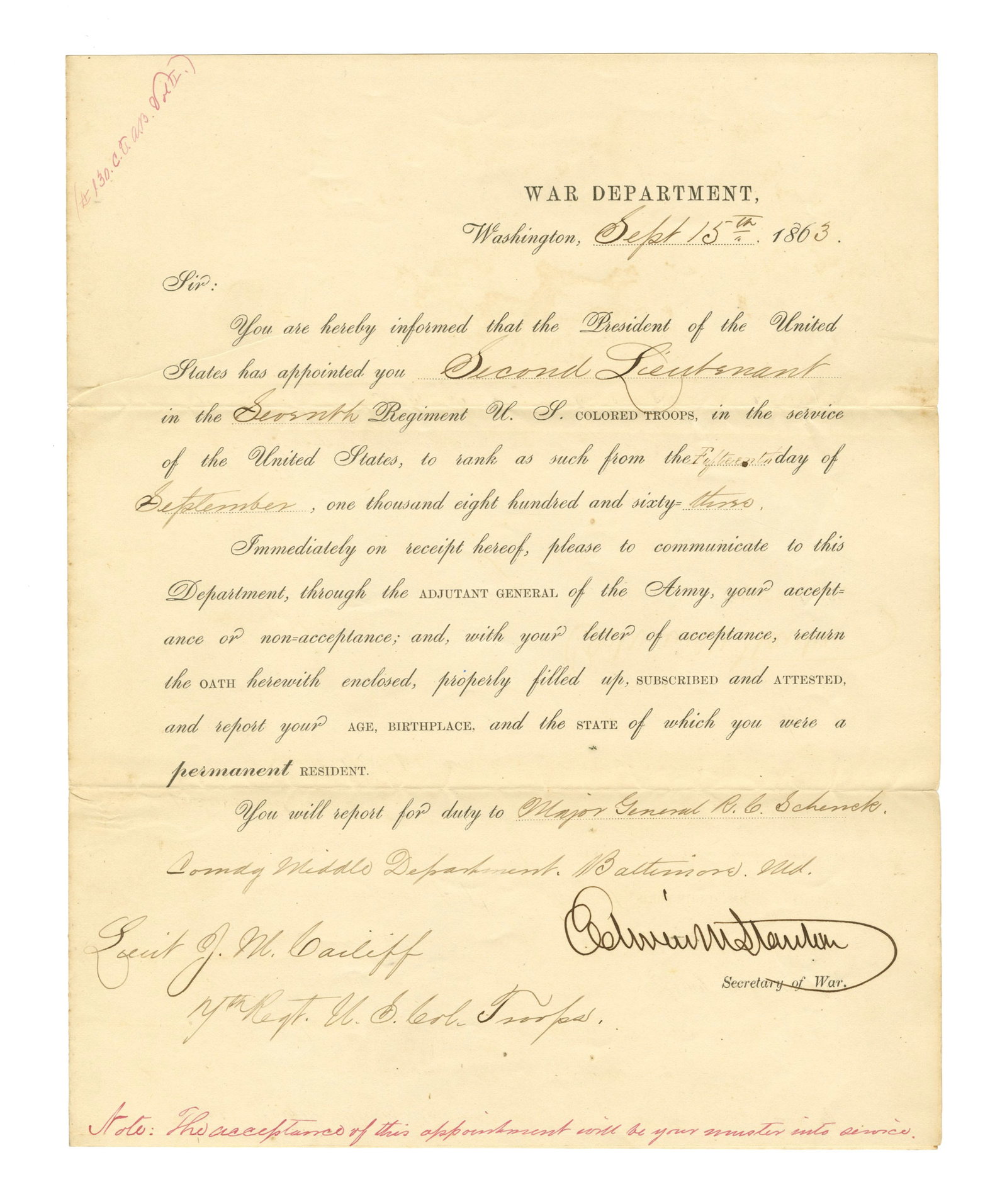 Edwin Stanton Appoints Second Lieutenant of 7th Regiment, U.S. Colored Troops Present at Appomattox (1 of 2)