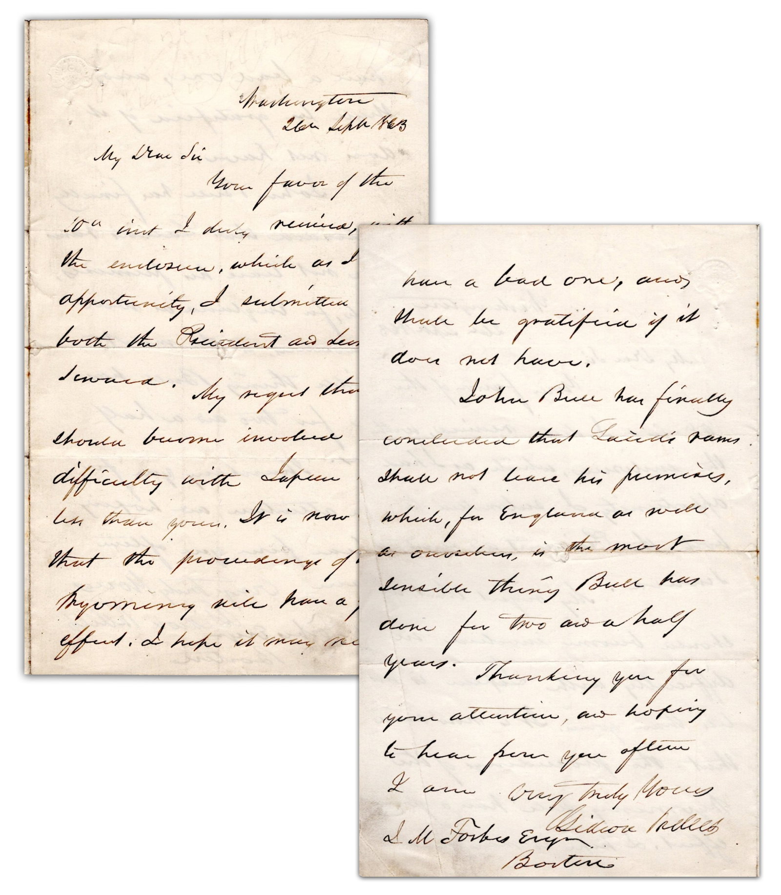 Navy Secretary Welles Corresponds with Boston Merchant Over British & Japanese Affairs During Civil (1 of 4)