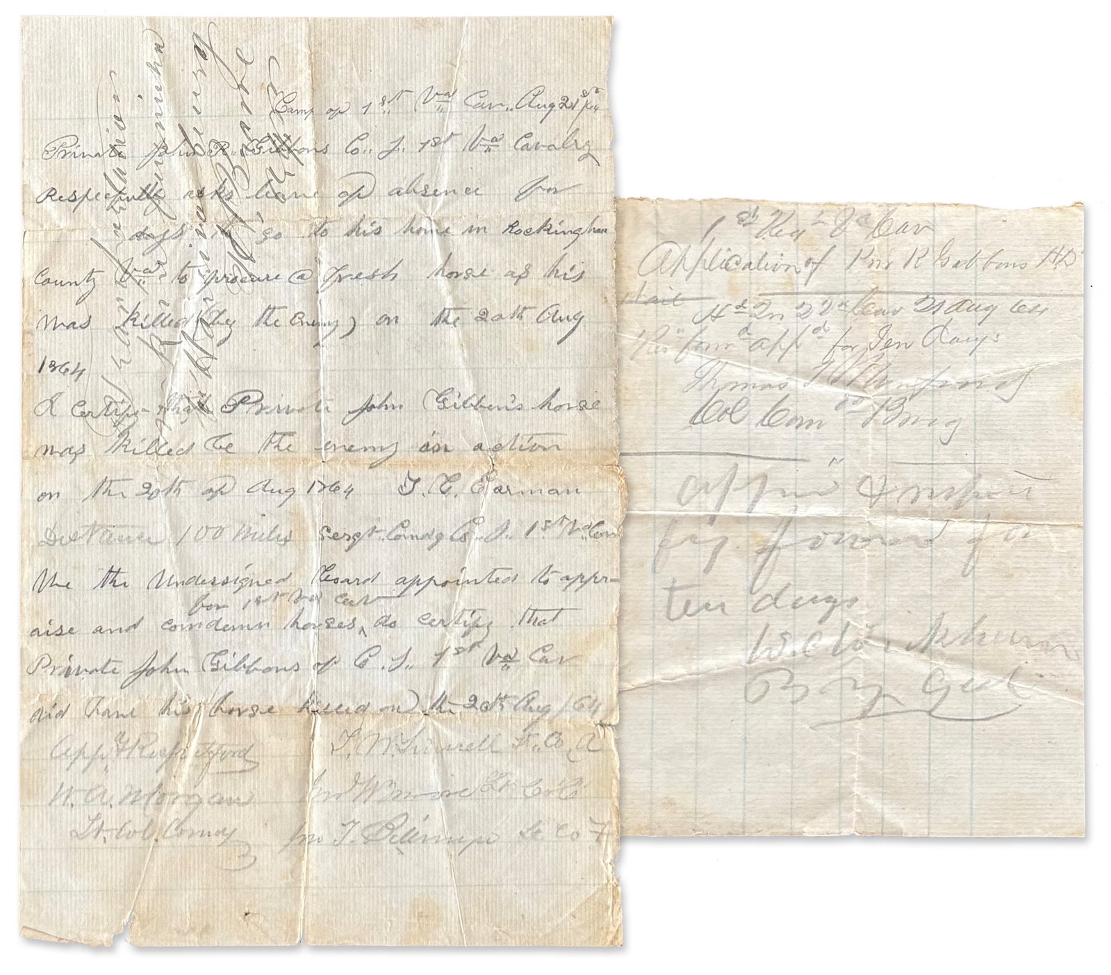 CSA General Wickham Approves a Furlough for a Soldier to Replace His Horse Killed in Action!: William C. Wickham [Berryville, VA], August 21, 1864 CSA General Wickham Approves a Furlough for a Soldier to Replace His Horse Killed in Action! AES Williams C. Wickham AES approving furlough for a c
