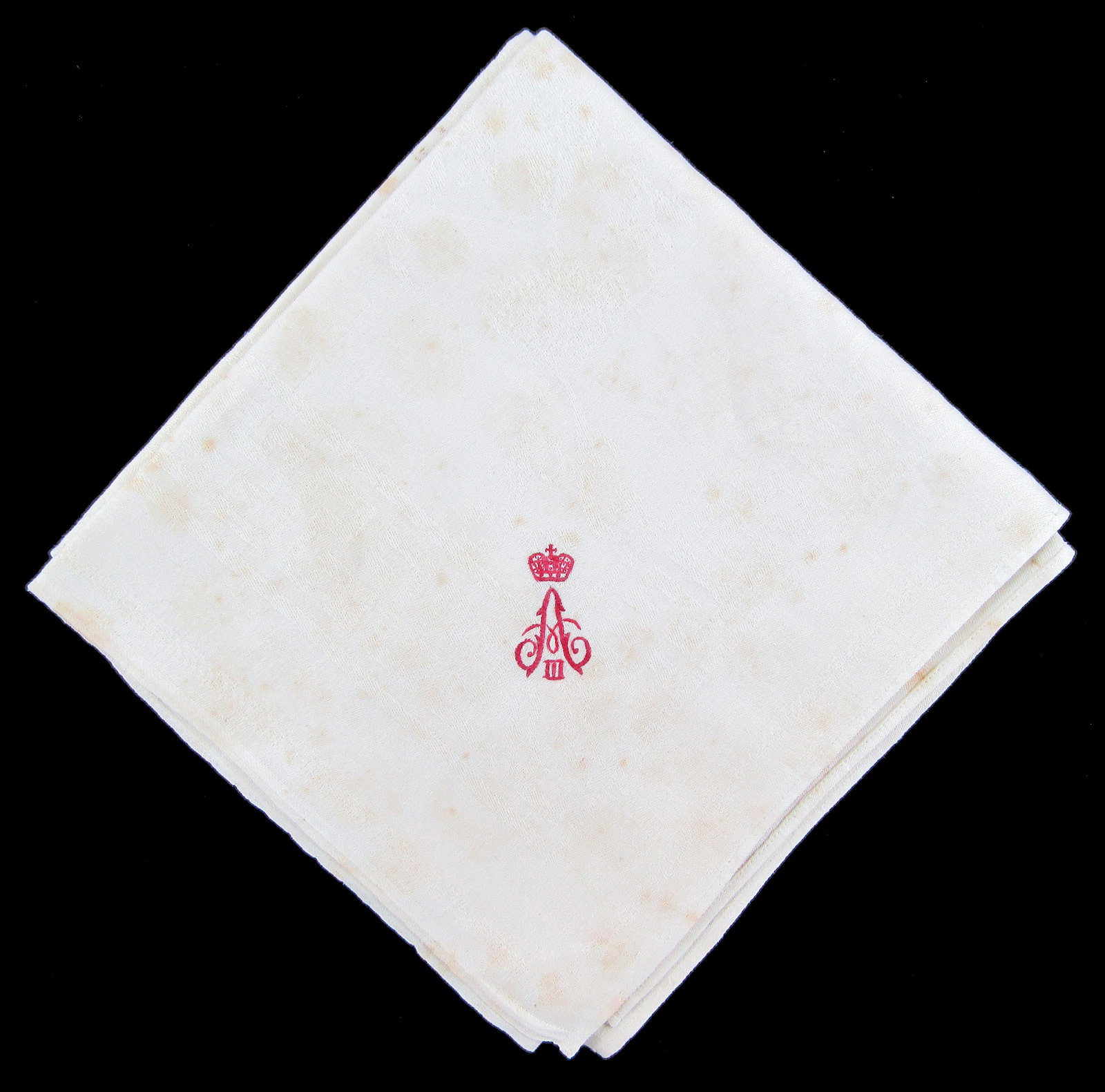 Alexander III Imperial Monogram Dinner Napkin Featuring Romanov Seal at Center - Gorgeous!: Czar Alexander III of Russia n.p., n.d. Alexander III Imperial Monogram Dinner Napkin Featuring Romanov Seal at Center - Gorgeous! Other An ivory linen damask dinner napkin embroidered in scarlet with