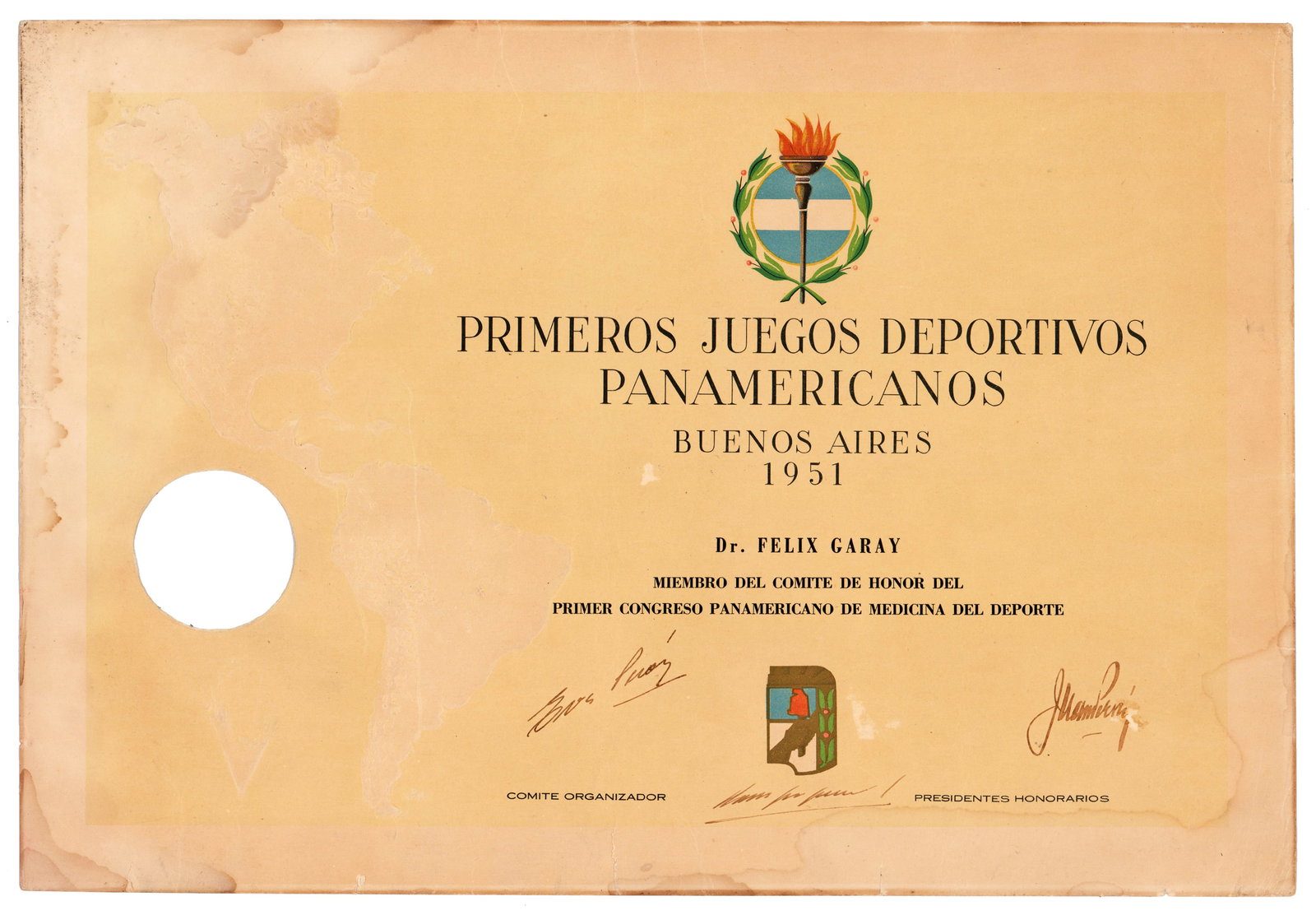 Eva Peron & Juan Peron Dual Signed 1951 Pan-American Games Certificate, About 17 Months Before (1 of 2)