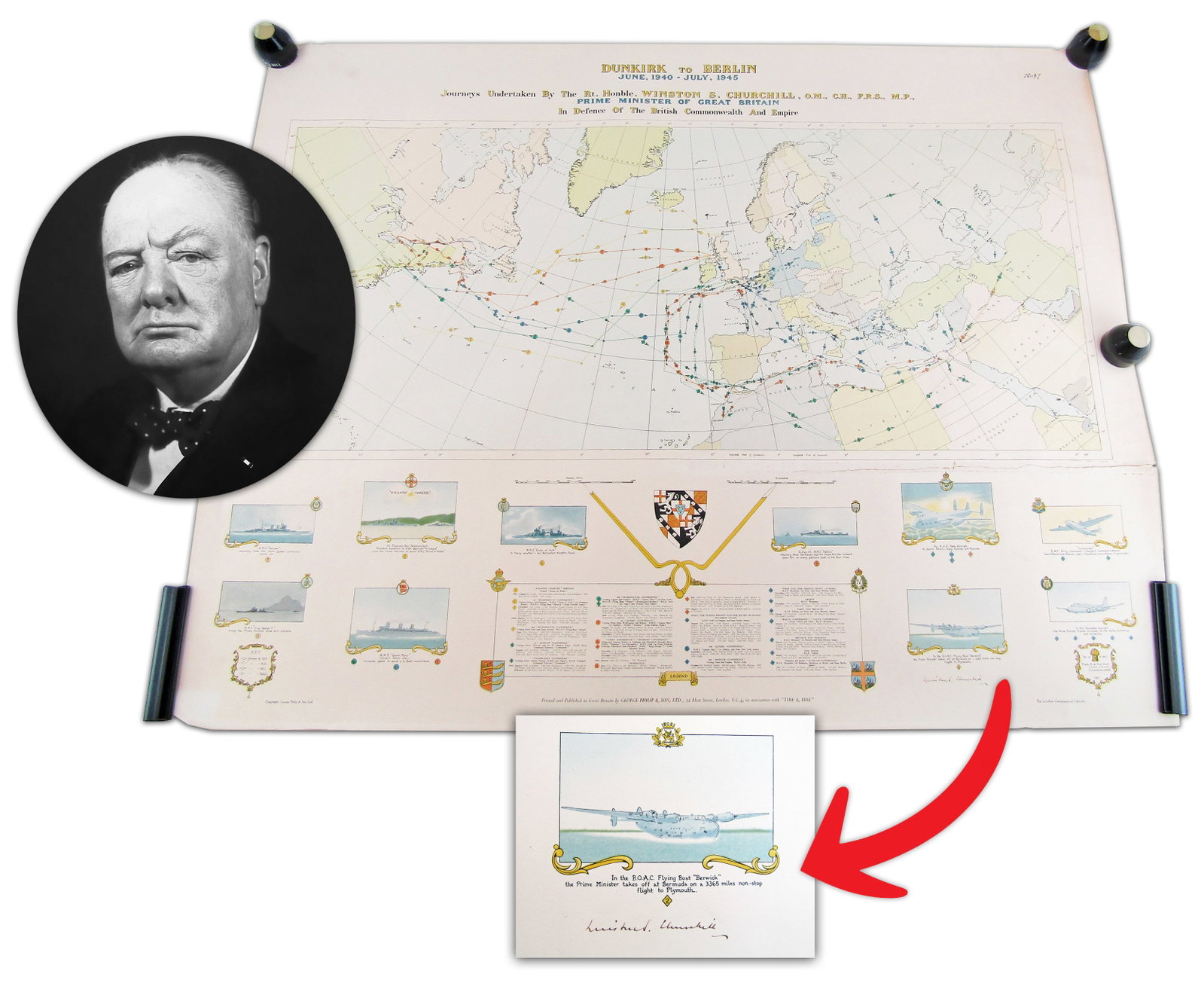 Winston Churchill Signed "Dunkirk to Berlin" WWII Journeys Map! George Philip Edition Commemorating (1 of 9)