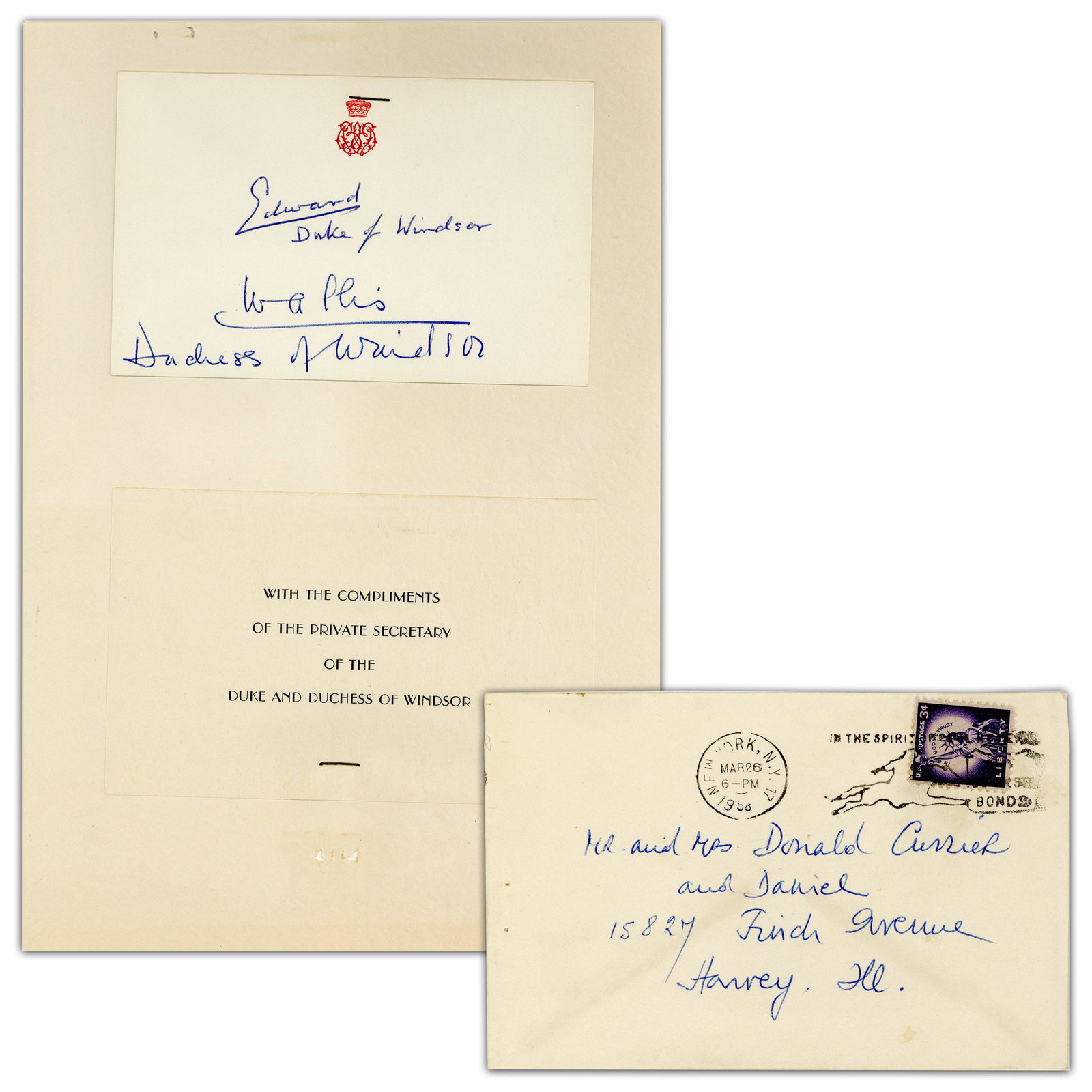 Edward & Wallis, Duke & Duchess of Windsor Double Autograph On Crowned "W" Monogramed Card (1 of 4)