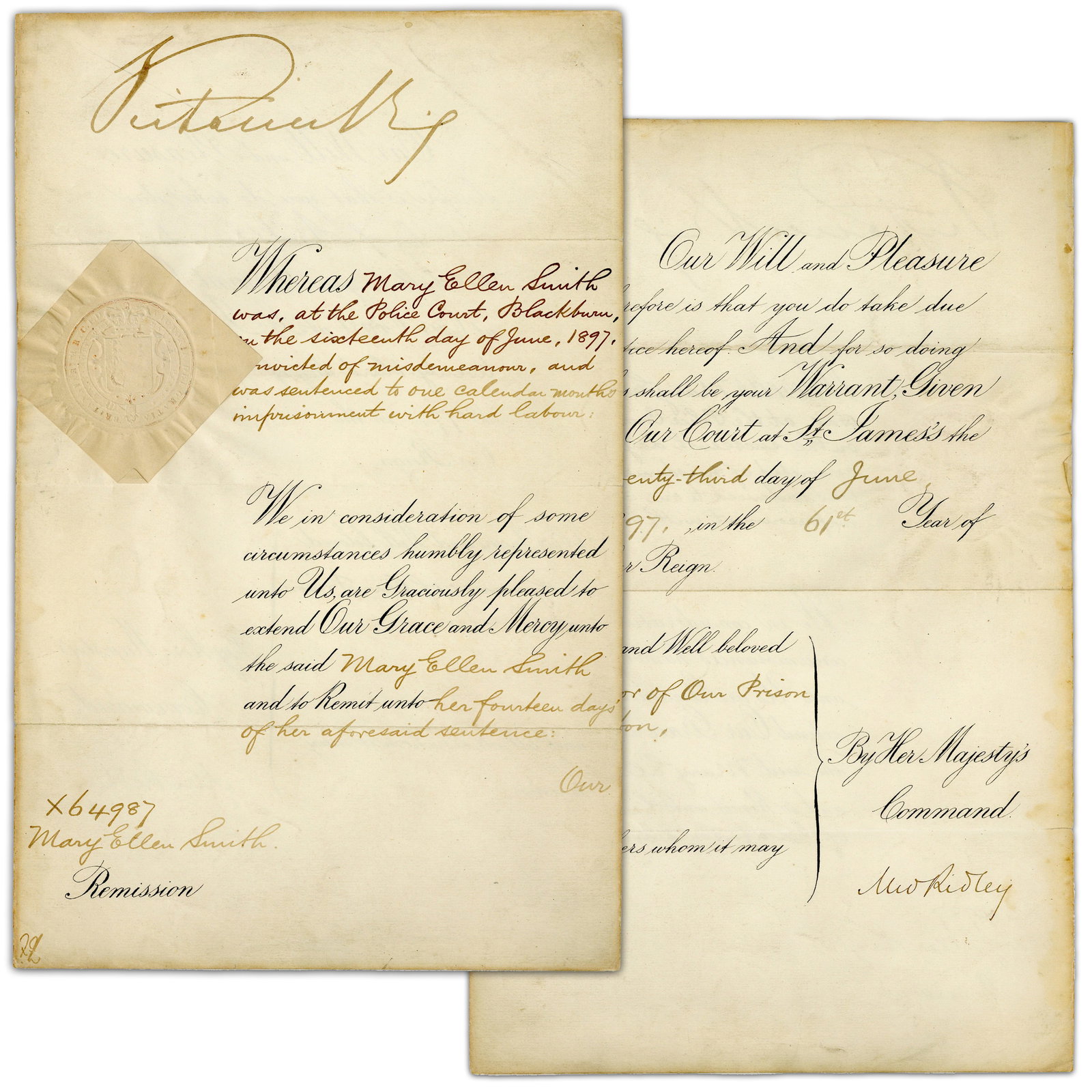 Queen Victoria Signed 1897 Pardon For Female Lawbreaker Sentenced To Hard Labor (1 of 4)