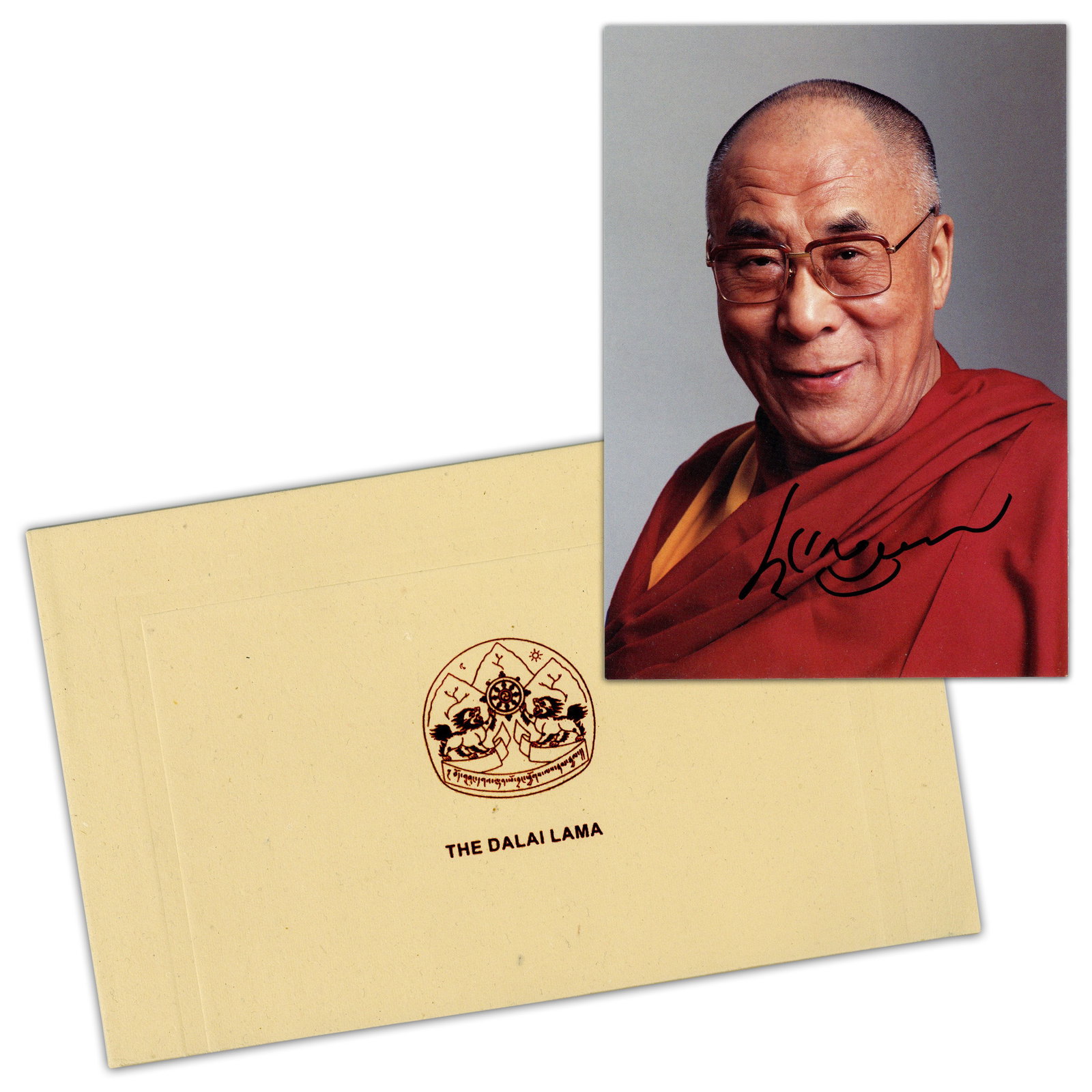 14th Dalai Lama Signed Color Photo With Original Presentation Sleeve: Dalai Lama n.p., n.d. 14th Dalai Lama Signed Color Photo With Original Presentation Sleeve SP A bust portrait photograph of the 14th Dalai Lama (aka Tenzin Gyatso, born 1935) showing him wearing scarl
