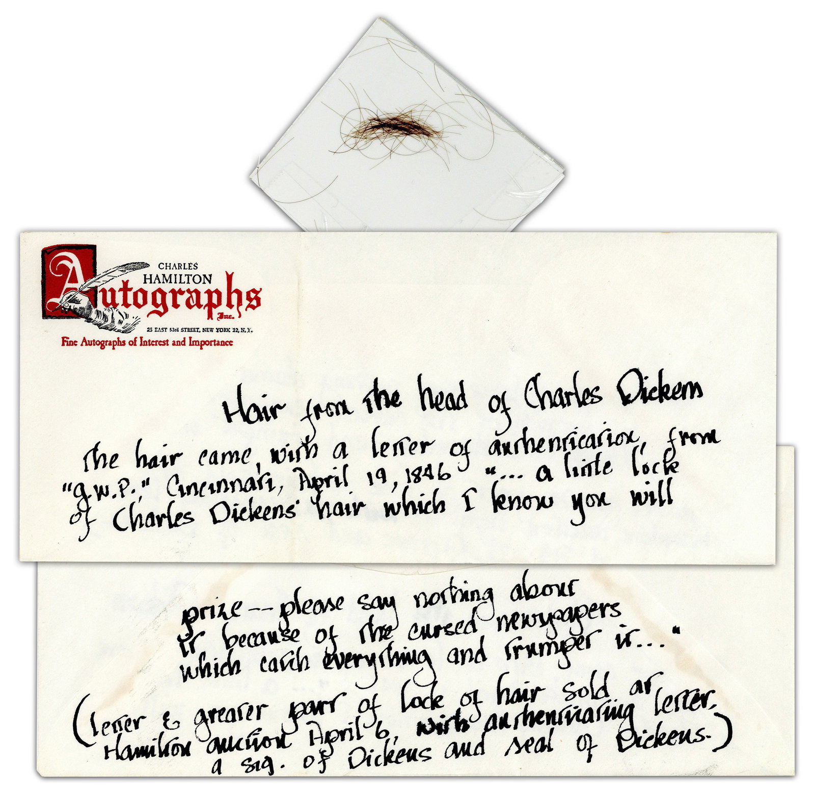 Charles Dickens Hair Lock Of Approx. 50 Strands, With Charles Hamilton Provenance (1 of 4)