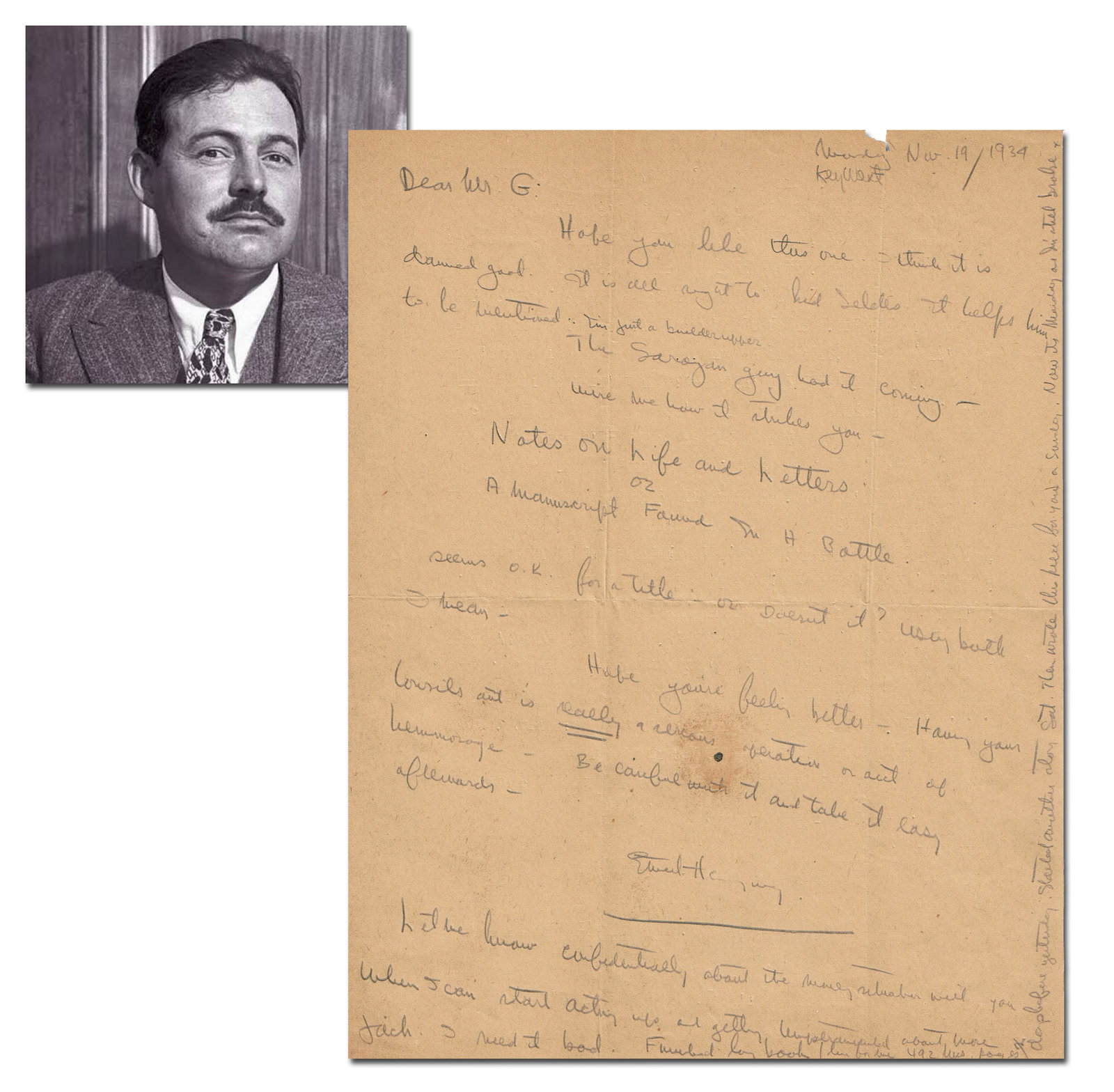 Hemingway ALS to His Publisher on Writing "Green Hills of Africa," He Needs Money: "I'm still broke" (1 of 5)