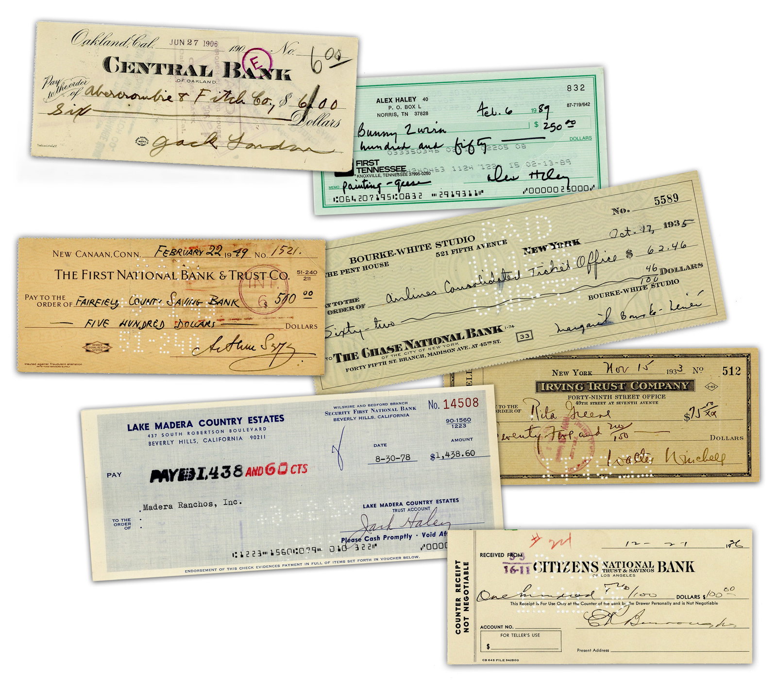(7) Literature, Journalism, Art & Film Notables! Dealer's Lot Incl. Burroughs, Haley, London: 19th C. Literary Notables various, ca. 1906-1989 (7) Literature, Journalism, Art & Film Notables! Dealer's Lot Incl. Burroughs, Haley, London Archive A dealer's lot of checks signed by seven 19th/20th