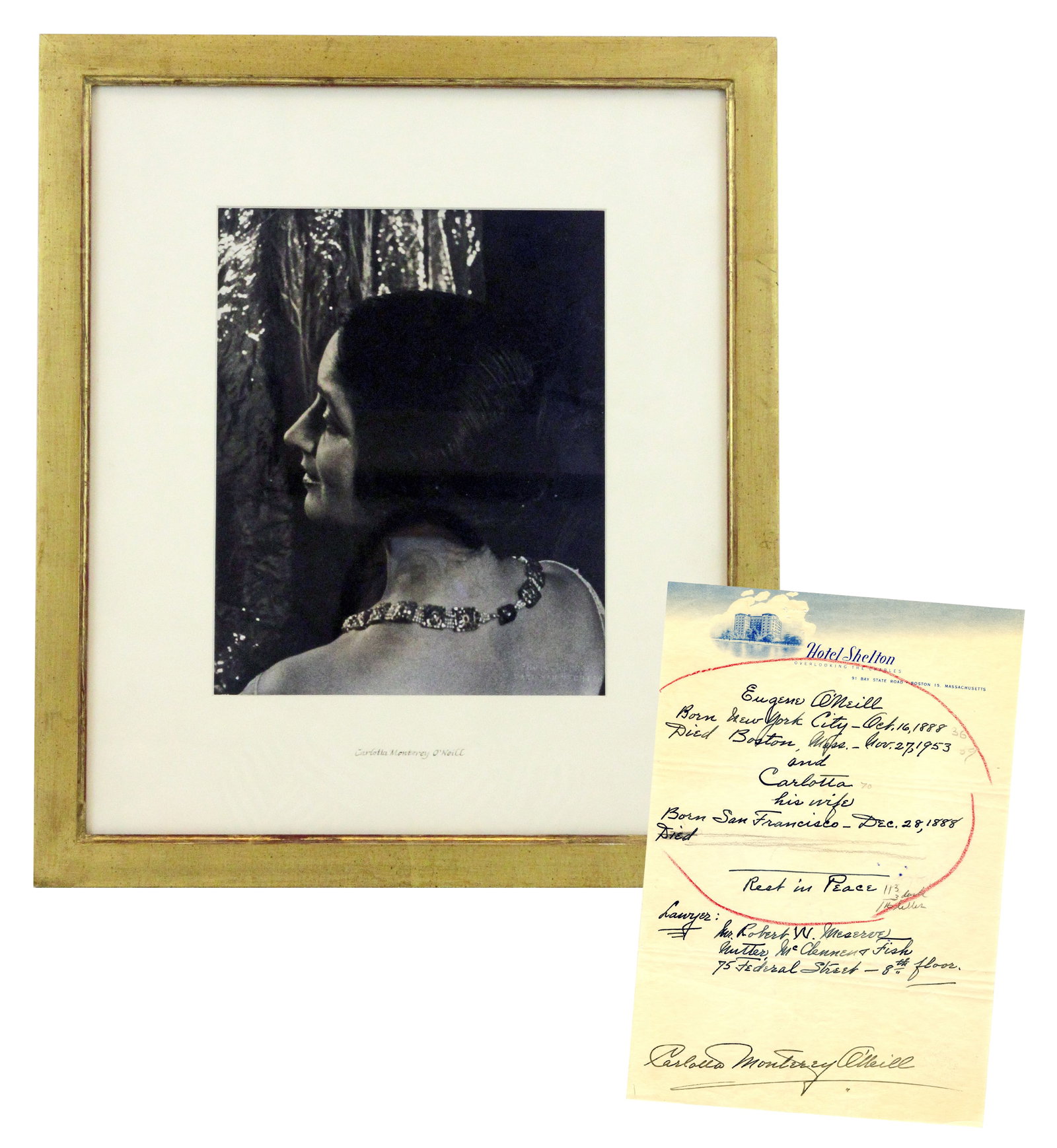 Carlotta O'Neill Photo by Vechten with Inscription for Eugene's Grave: Eugene O'Neill n.p., various Carlotta O'Neill Photo by Vechten with Inscription for Eugene's Grave Photograph A large, framed photograph of actress Carlotta O'Neill, together with a handwritten inscri