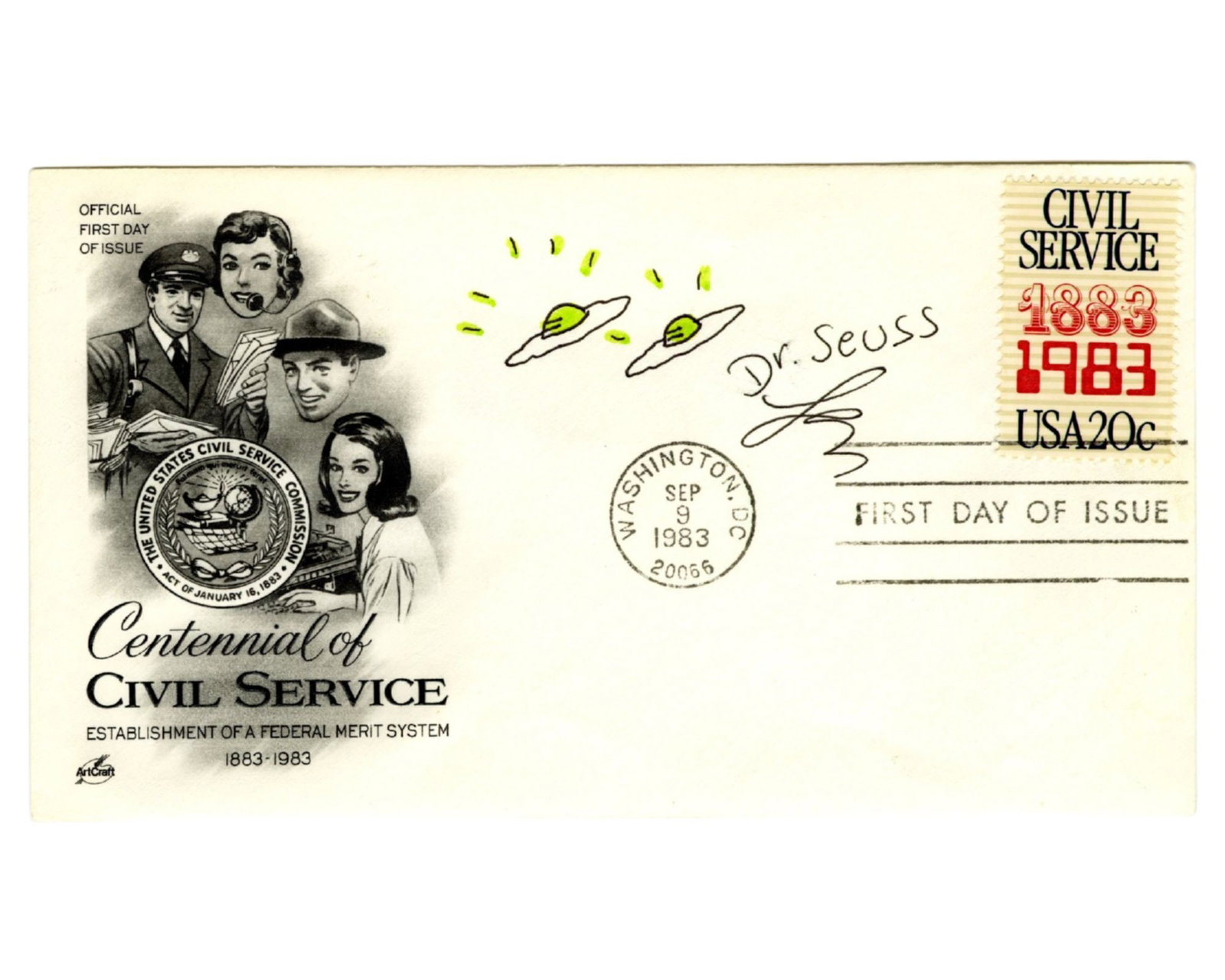 Dr. Seuss Sketches Green Eggs on Civil Service FDC! Fantastic! (1 of 3)