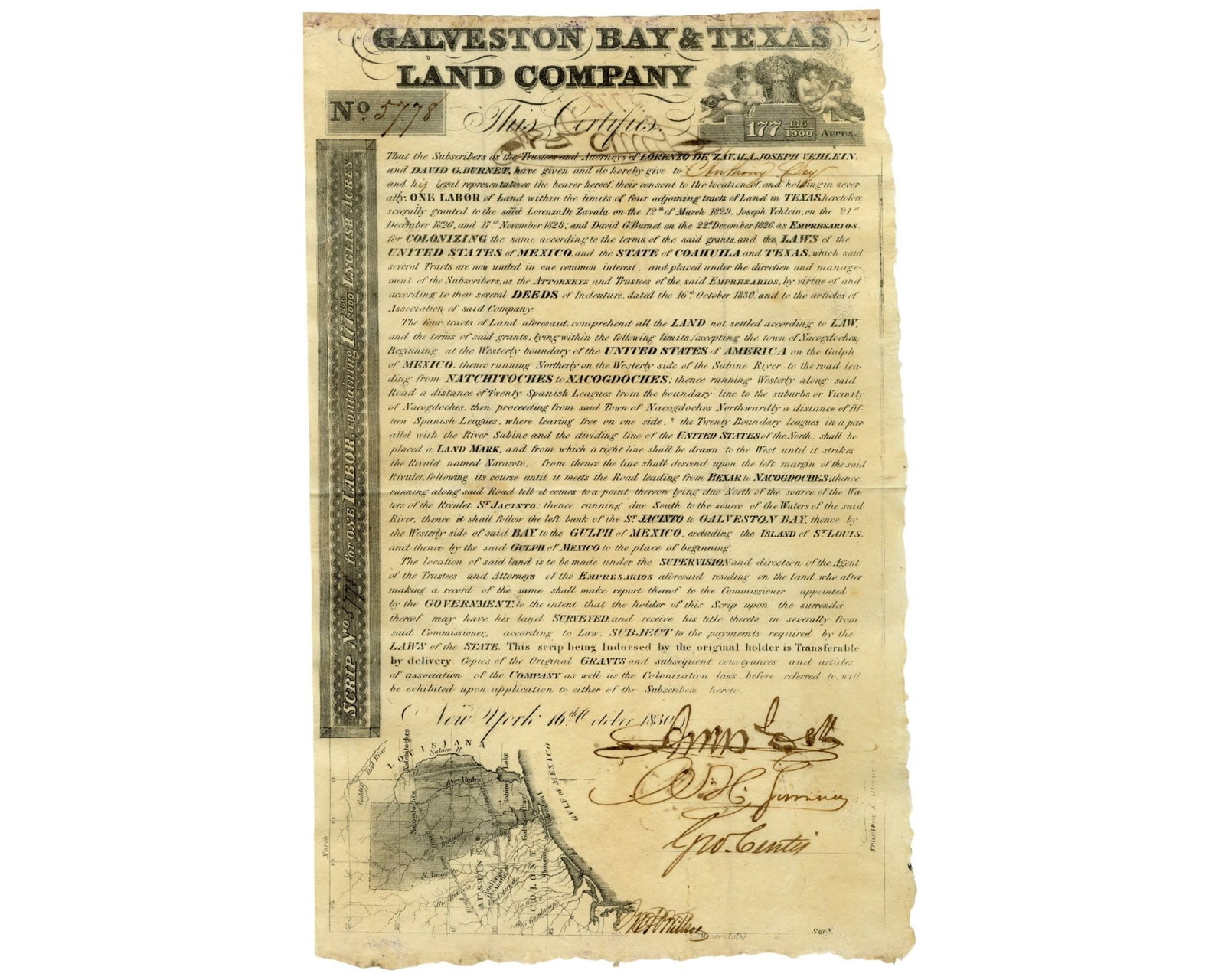 Rare Galveston Bay & Texas Land Company Labor Scrip: Galveston Bay & Texas Land Company New York, NY, October 16, 1830 Rare Galveston Bay & Texas Land Company Labor Scrip PPDS An official document issued by the Galveston Bay & Texas Land Company, Scrip 