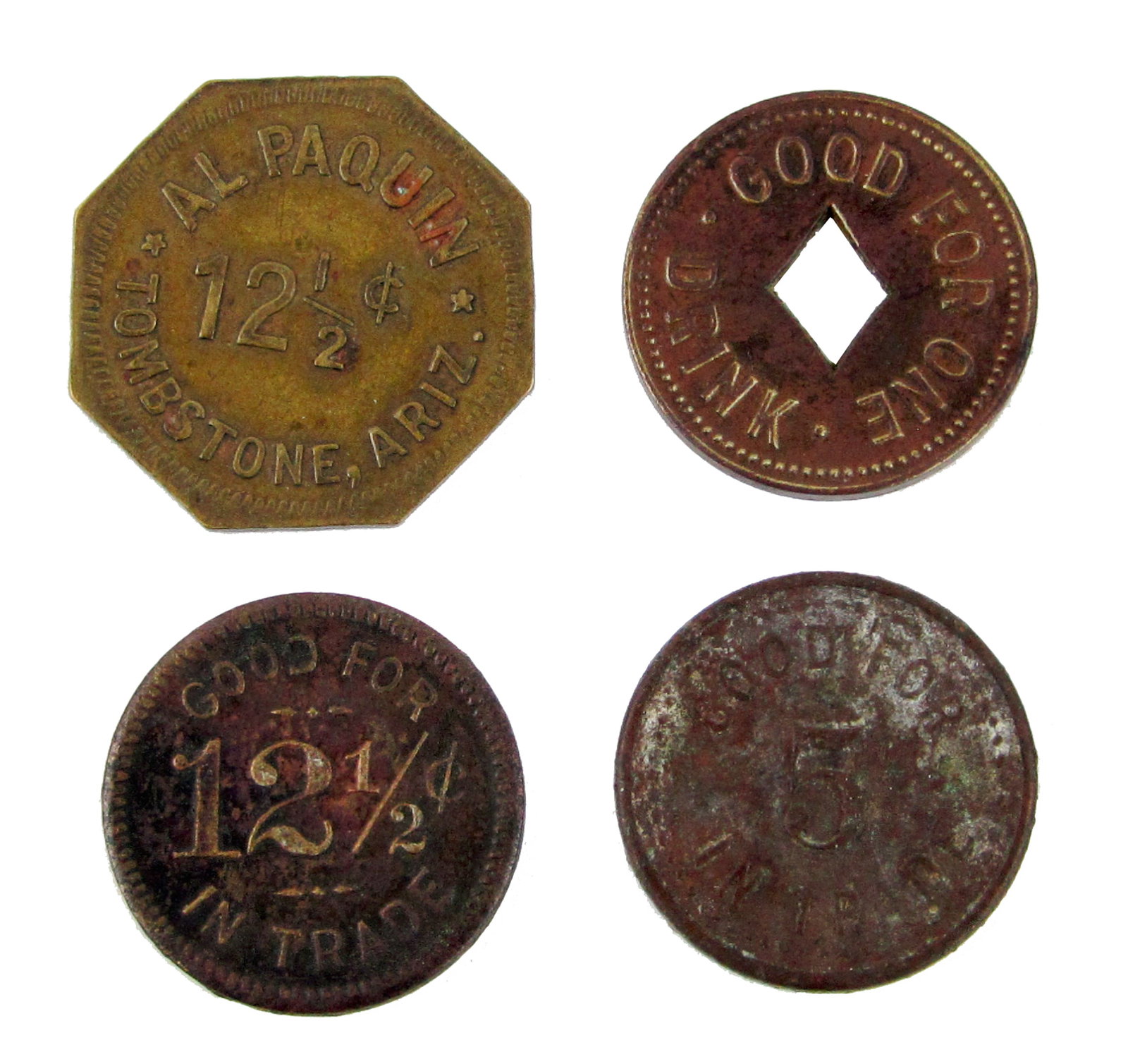(4) Saloon Tokens Recovered From Tombstone, AZ, ca. 1890-1900s; Ex. Tombstone Heritage Museum (1 of 5)