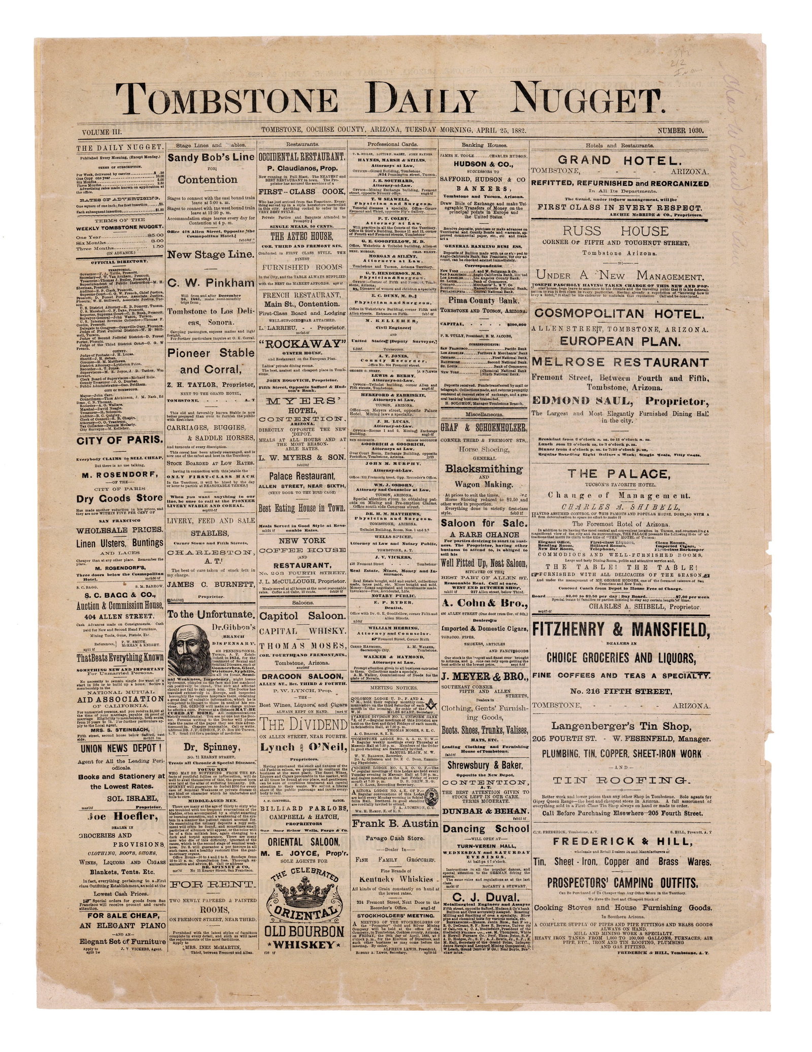 Tombstone Daily Nugget, April 1882: "The Indian Problem" (1 of 4)