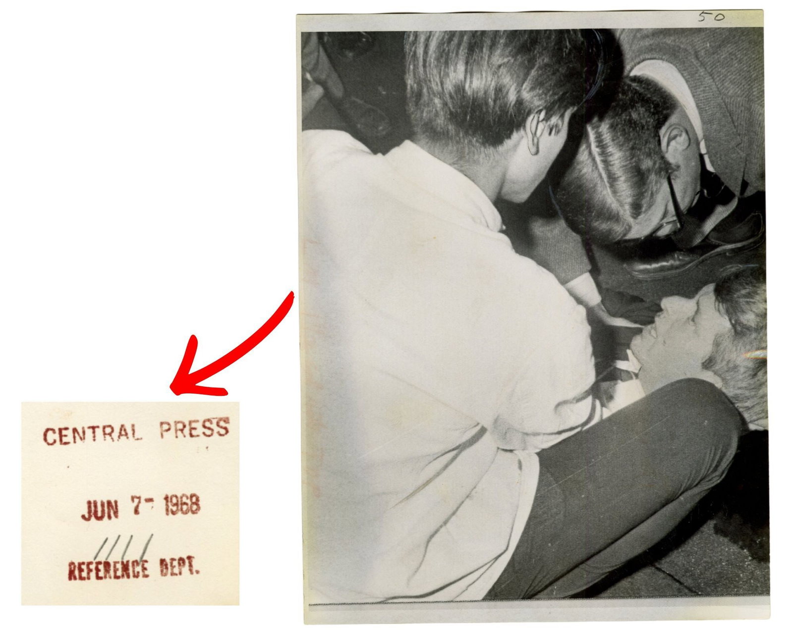 RFK Vintage Photograph of Assassination. Fant: Robert F. Kennedy Los Ángeles, CA, June 7, 1968 RFK Vintage Photograph of Assassination. Fant Photograph Powerful and historically significant vintage period photograph depicting the immediate af