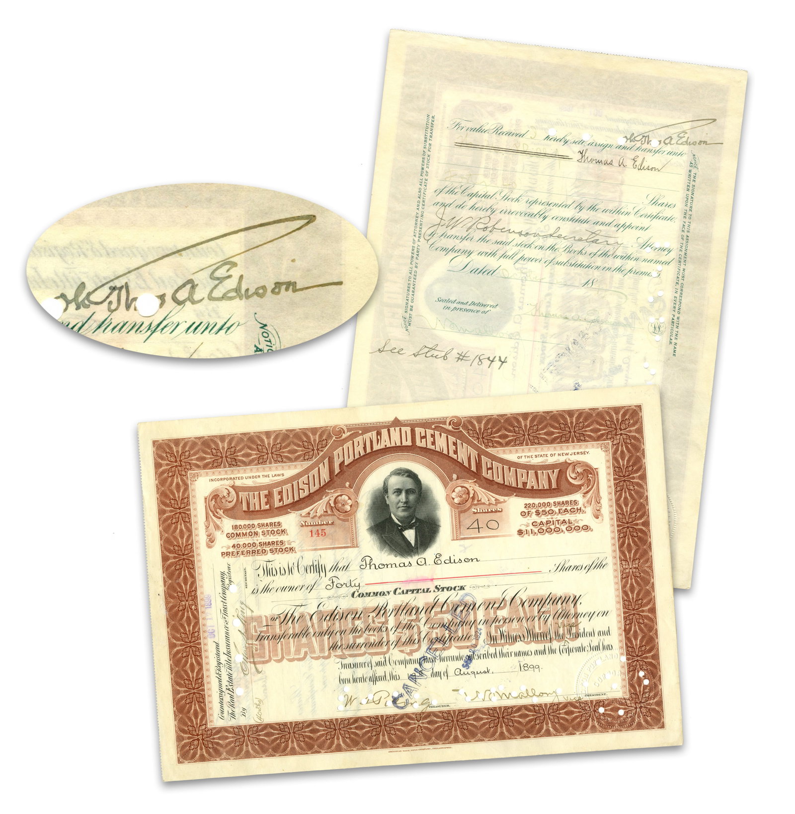 Thomas Edison x2 Signed Portland Cement Co. Stock Issued to Himself (1 of 5)