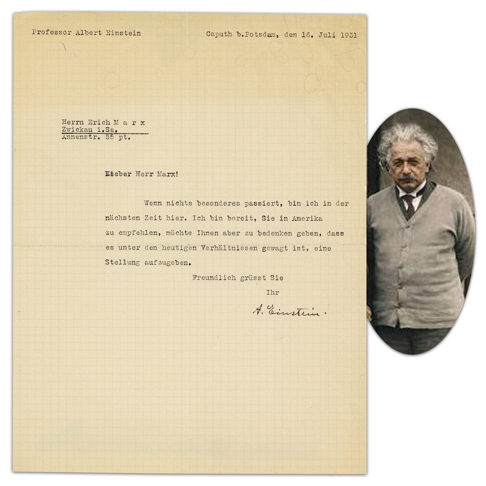 Albert Einstein 1931 TLS Repaying Favor! Providing U.S. Recommendation For Erich Marx, Who Had (1 of 6)