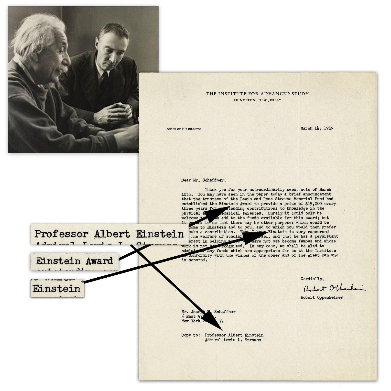Oppenheimer TLS Sent to Einstein, Lewis Strauss and Schaffner Science Related including "welfare of (1 of 5)