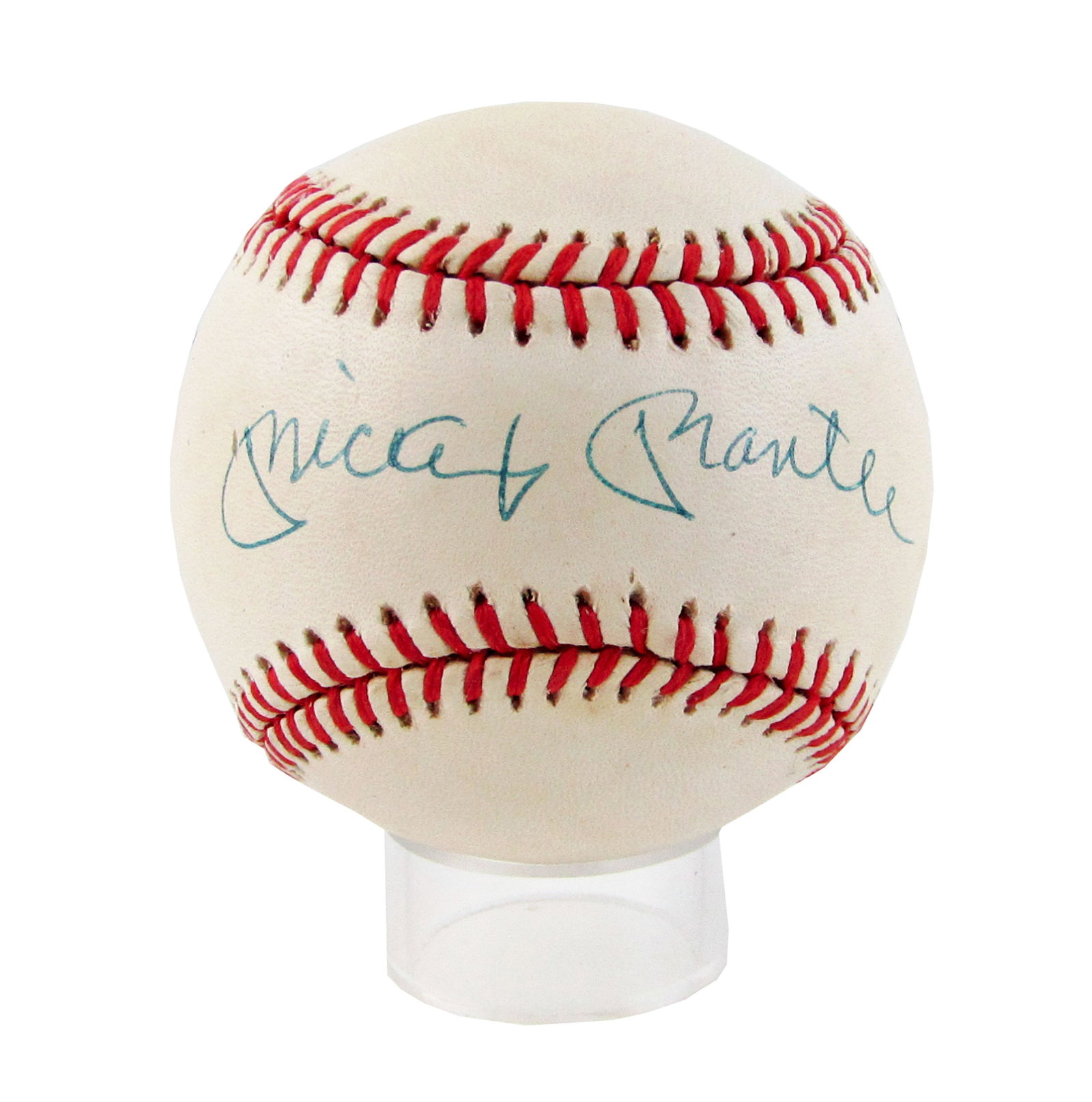 Mickey Mantle Signed Baseball, JSA Authentic: Mickey Mantle n.p., n.d. Mickey Mantle Signed Baseball, JSA Authentic Signed baseball An official American League Rawlings baseball, boldly signed in blue ballpoint pen: "Mickey Mantle". Housed within