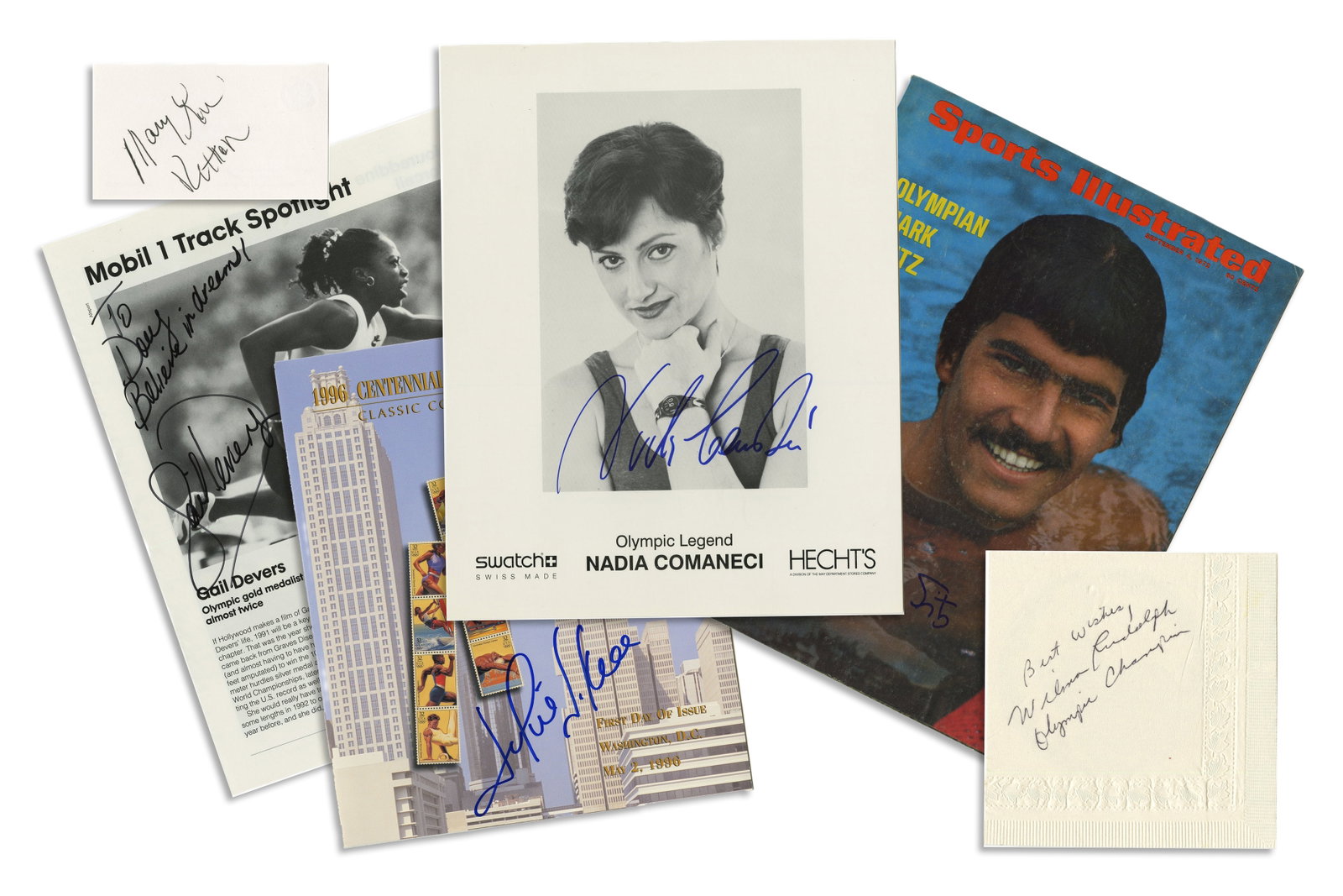 Olympian Autograph Collection - 6 Signatures!: Olympic Athletes n.p., n.d. Olympian Autograph Collection - 6 Signatures! Archive Grouping of six autographs of Olympic athletes. From The Doug Wertman Collection. Includes: 1) Nadia Comaneci signed