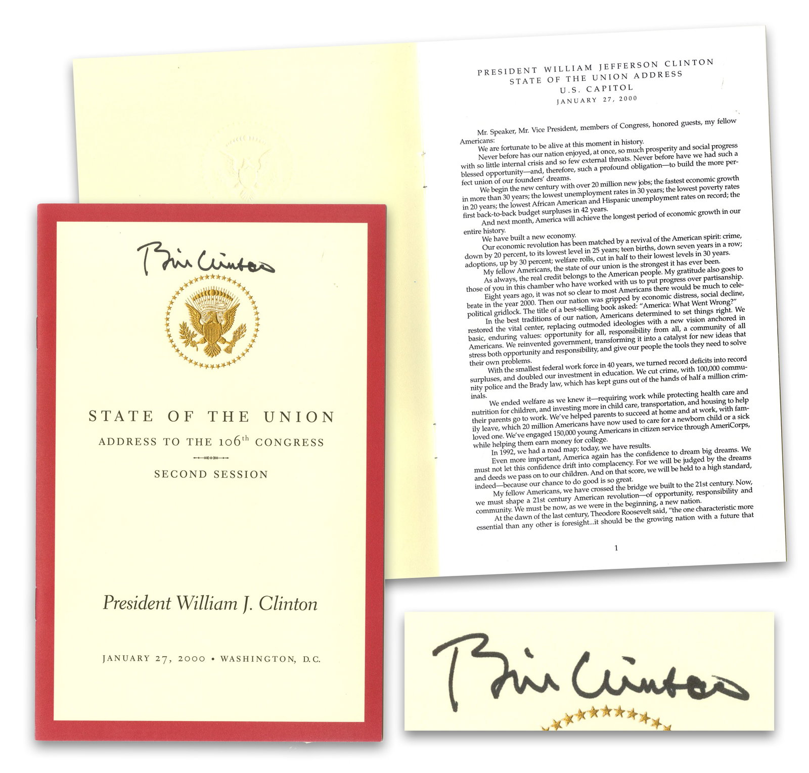 Bill Clinton Signed "State of the Union" Booklet: Bill Clinton Washington, DC, January 27, 2000 Bill Clinton Signed "State of the Union" Booklet Signed Menu/Program Booklet entitled "State of the Union/ Address to the 106th Congress, Second Session."