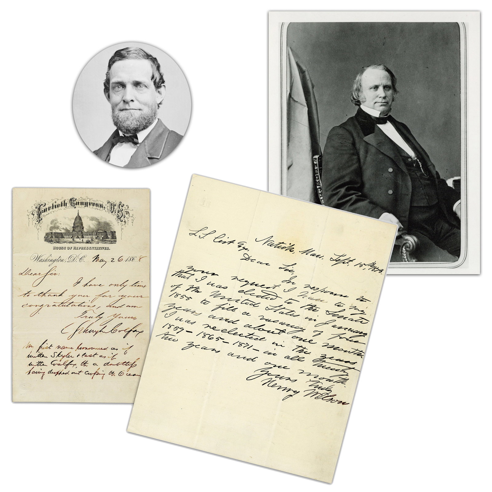 Two of U.S. Grant's Vice Presidents! Schuyler Colfax & Henry Wilson: Vice Presidents various, ca. May 26, 1868; September 15, 1873 Two of U.S. Grant's Vice Presidents! Schuyler Colfax & Henry Wilson Archive Two vice presidential letters, including: one letter signed wi