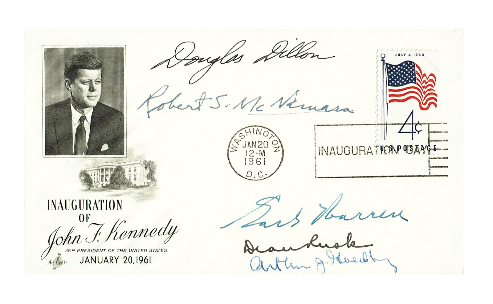 JFK Inaugural Cover Signed By Cabinet Members Dillon, Goldberg, McNamara, Rusk & Chief Justice (1 of 3)