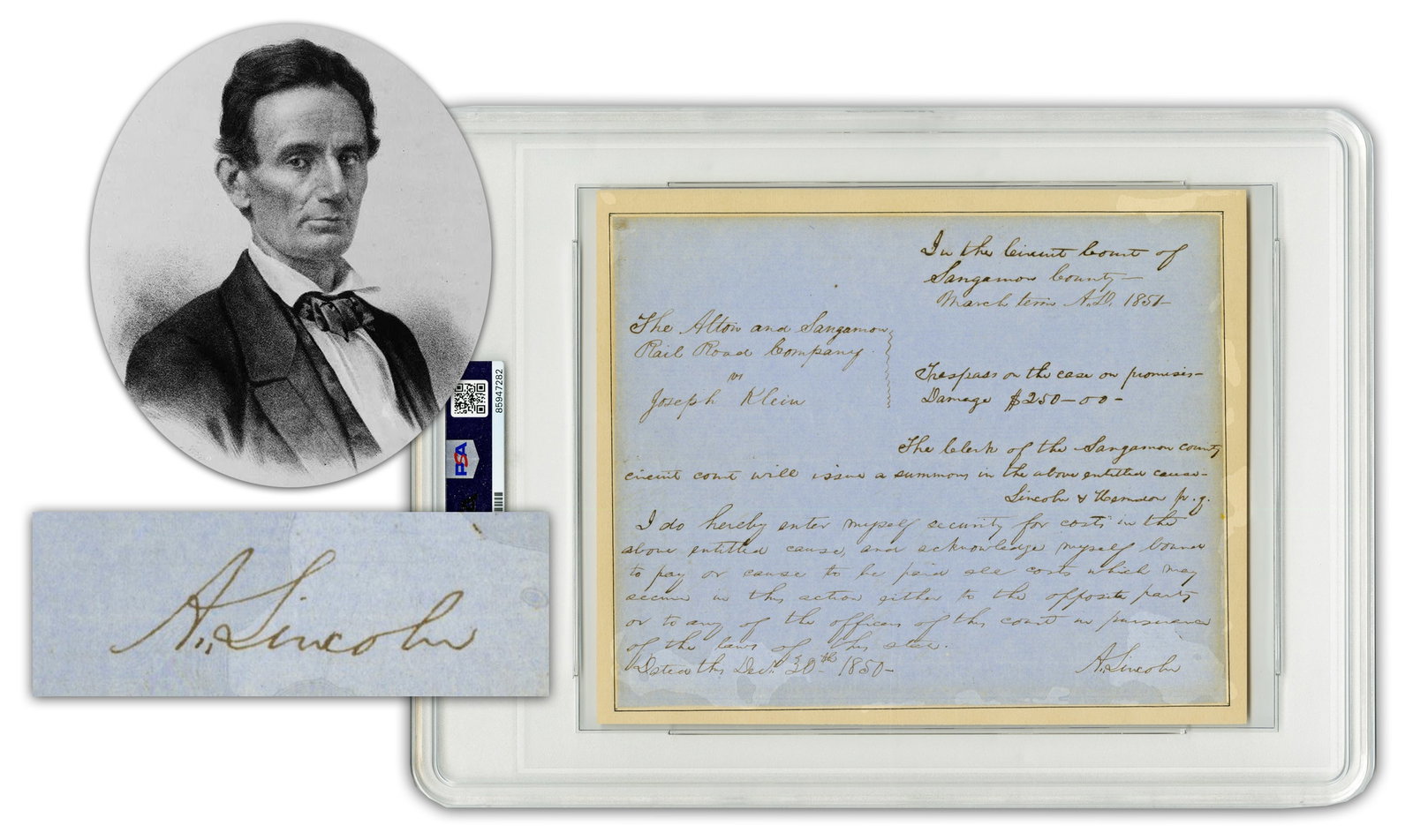 Abraham Lincoln Stock Investor Sues to Help the Company! Signed 2x, 126 Words, PSA Slabbed Mint 9: Abraham Lincoln Springfield, IL, ca. December 1850 Abraham Lincoln Stock Investor Sues to Help the Company! Signed 2x, 126 Words, PSA Slabbed Mint 9 ADS ABRAHAM LINCOLN, Autograph Document Signed, Pra