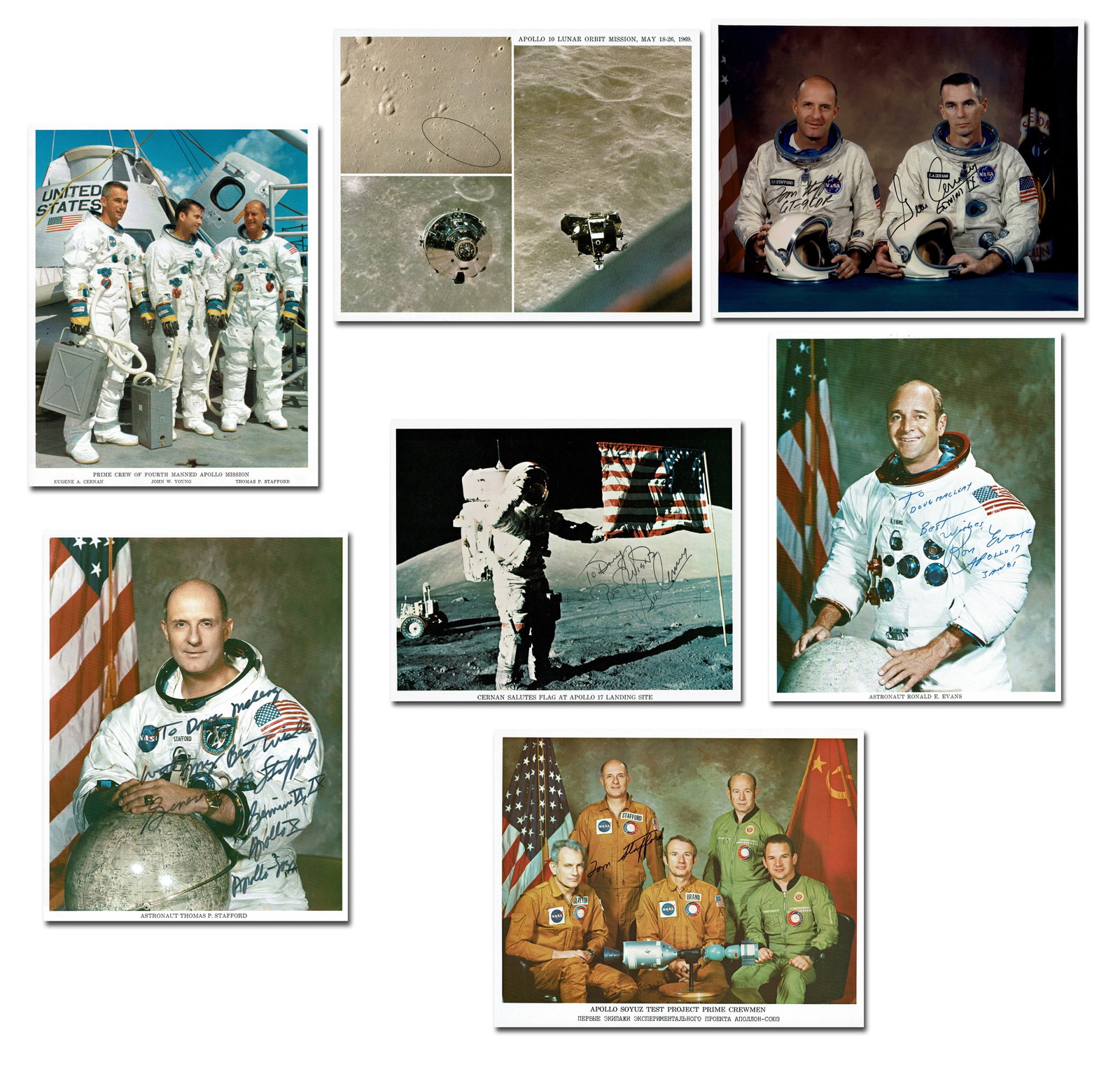 Dealer's Lot of (7) Apollo Astronaut Photos Signed By Cernan, Evans, Stafford: NASA Apollo 10 & 17 n.p., n.d. Dealer's Lot of (7) Apollo Astronaut Photos Signed By Cernan, Evans, Stafford Archive An excellent dealer's lot of Apollo 10 and Apollo 17 photos totaling seven pieces i