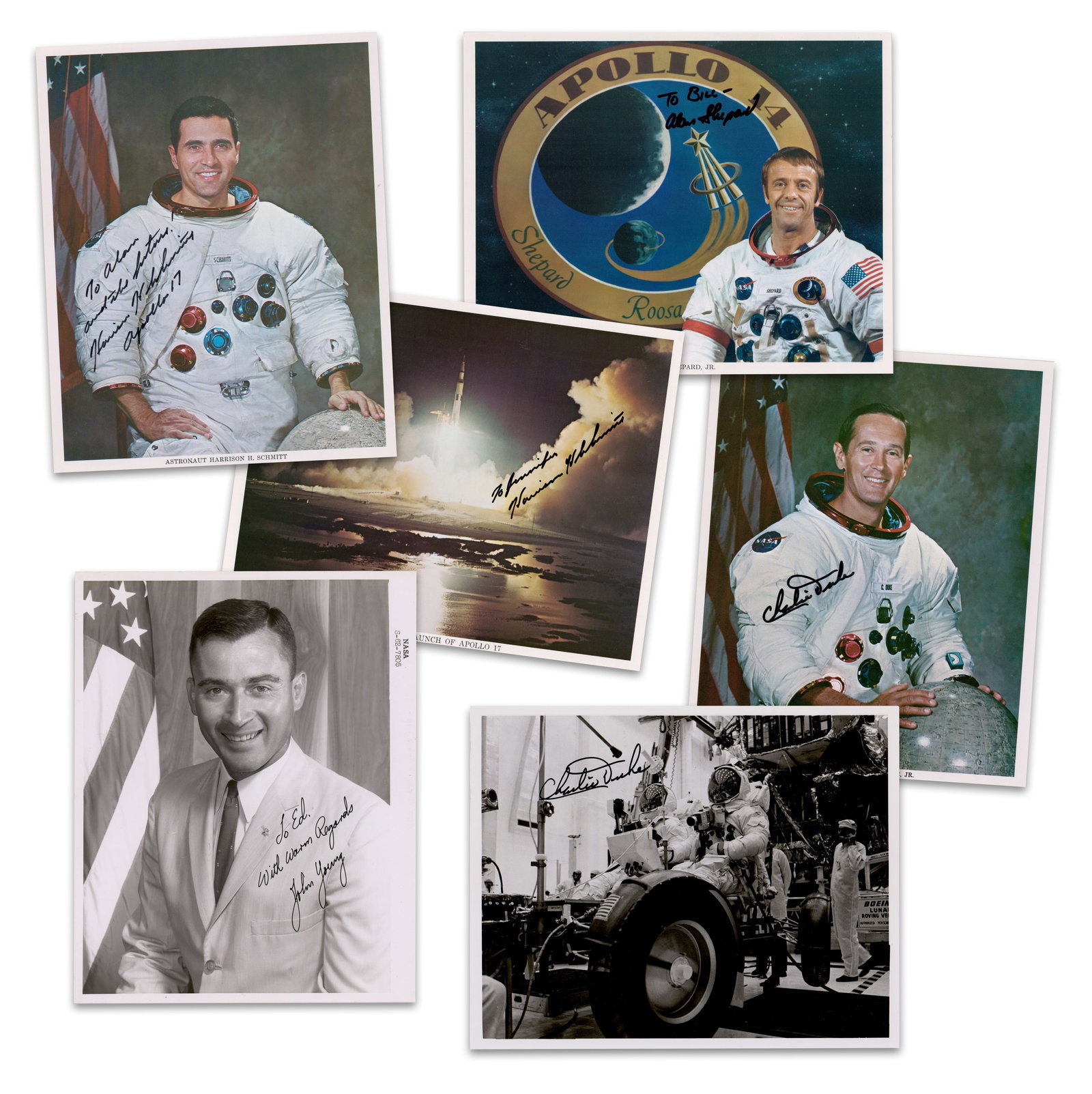 Apollo Moonwalkers Lot of (6) Signed Photos: Shepard, Duke, Young, & Schmitt; Pre-Cert Zarelli: Apollo Program (14, 16, 17) n.p., n.d. Apollo Moonwalkers Lot of (6) Signed Photos: Shepard, Duke, Young, & Schmitt; Pre-Cert Zarelli Archive A group of official NASA photos and lithographs signed by 