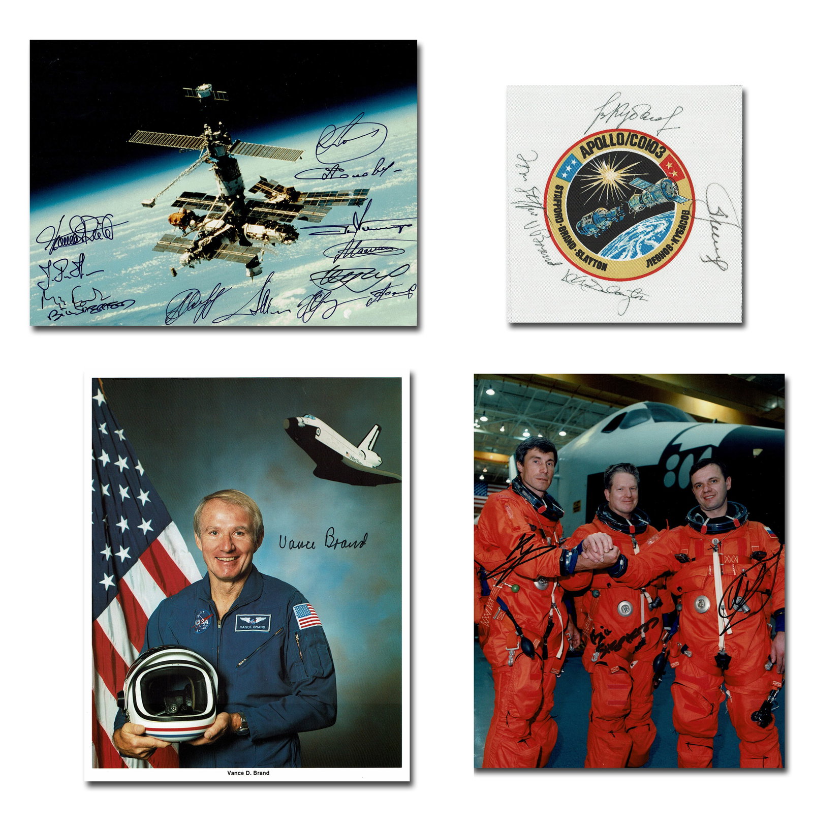 4 Apollo-Soyuz & Mir Photos & Beta Cloth, 22 Signatures!: Apollo-Soyuz n.d. [ca. 1975], n.p. 4 Apollo-Soyuz & Mir Photos & Beta Cloth, 22 Signatures! Archive A collection of three photographs and a beta cloth featuring signatures of the Apollo-Soyuz, Soyuz T
