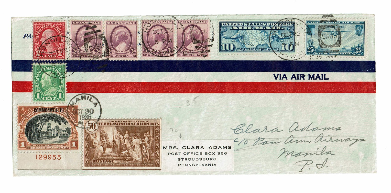Clara Adams Signed Air Mail Envelope, JSA Authenticated: Clara Adams Manila, Philippines, October 30, 1936 Clara Adams Signed Air Mail Envelope, JSA Authenticated Signed Envelope Clara Adams (1884-1971). An 8.875" x 4" red and blue striped Air Mail envelope