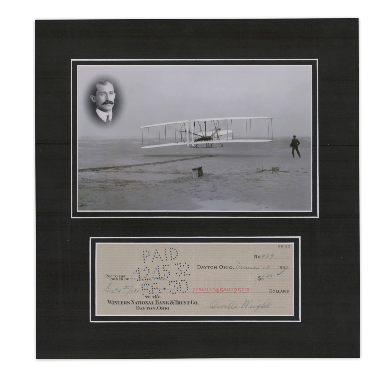 Orville Wright Signed Check, Beautifully Matted, Ready to Frame!: Orville Wright Dayton, OH, December 13, 1932 Orville Wright Signed Check, Beautifully Matted, Ready to Frame! DS Check signed, "Orville Wright", 8" x 3" (sight), Dayton, OH, December 13, 1932, engross