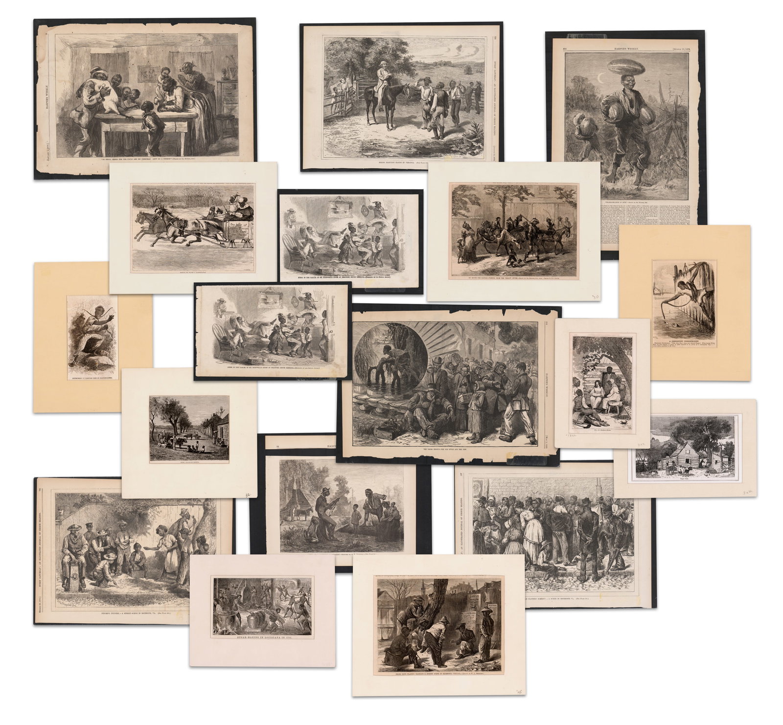 (21) African American Engravings & Woodcuts, Jim Crow-Era Imagery ca. 1860s-1880s: African Americana & Slavery various, ca. 1860s-1880s (21) African American Engravings & Woodcuts, Jim Crow-Era Imagery ca. 1860s-1880s Archive A collection of 21 woodcut engravings featuring a range o