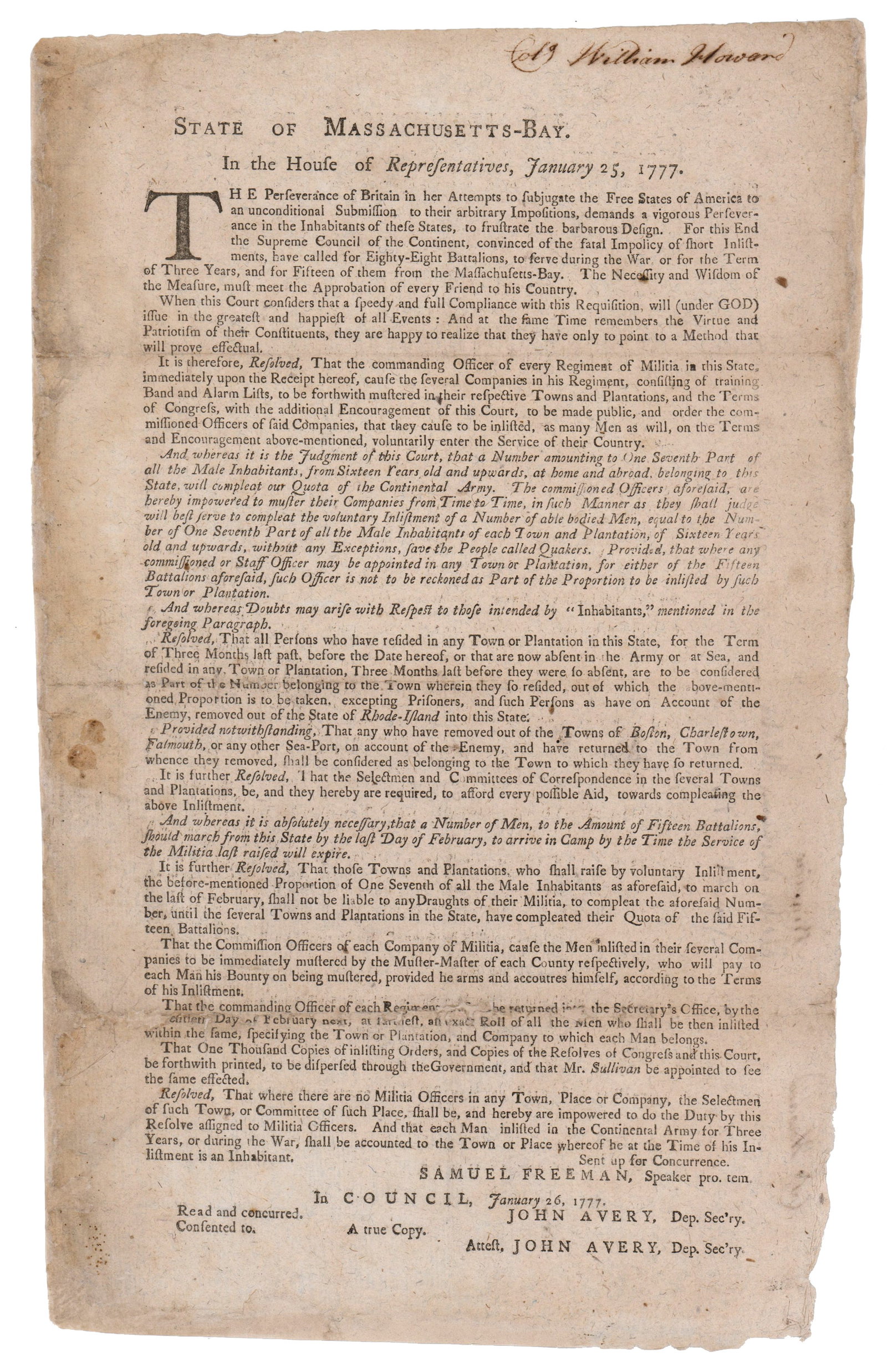 A Call to Arms! 1777 Broadside Recruiting MA Soldiers For Continental Army: Revolutionary War Boston, MA, January 25, 1777 A Call to Arms! 1777 Broadside Recruiting MA Soldiers For Continental Army Broadside A rare and original 1p printed broadside of a militia resolution pas