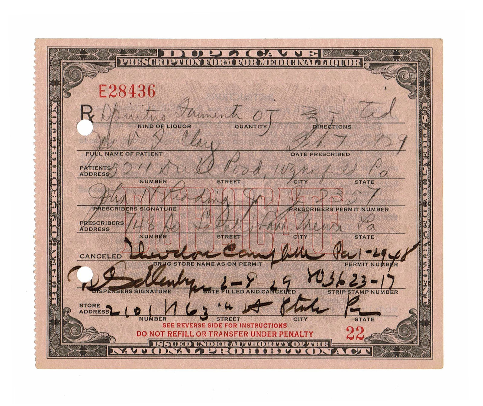 Prohibition: Whiskey Prescription For Medicinal Liquor: Prohibition Philadelphia, PA, February 7, 1929 Prohibition: Whiskey Prescription For Medicinal Liquor PPDS A duplicate prescription form for medicinal liquor, issued under the authority of the Nationa