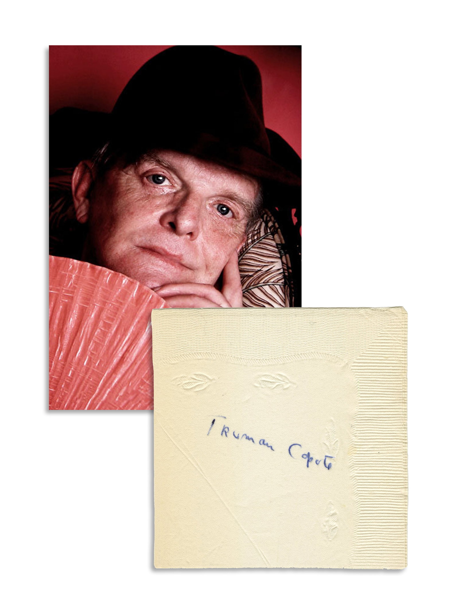 Truman Capote Signed Cocktail Napkin with JSA LOA: Truman Capote n.p., n.d. Truman Capote Signed Cocktail Napkin with JSA LOA Signature Truman Capote (1924-1984). Square cocktail napkin signed by celebrated author Truman Capote as "Truman Capote" in b