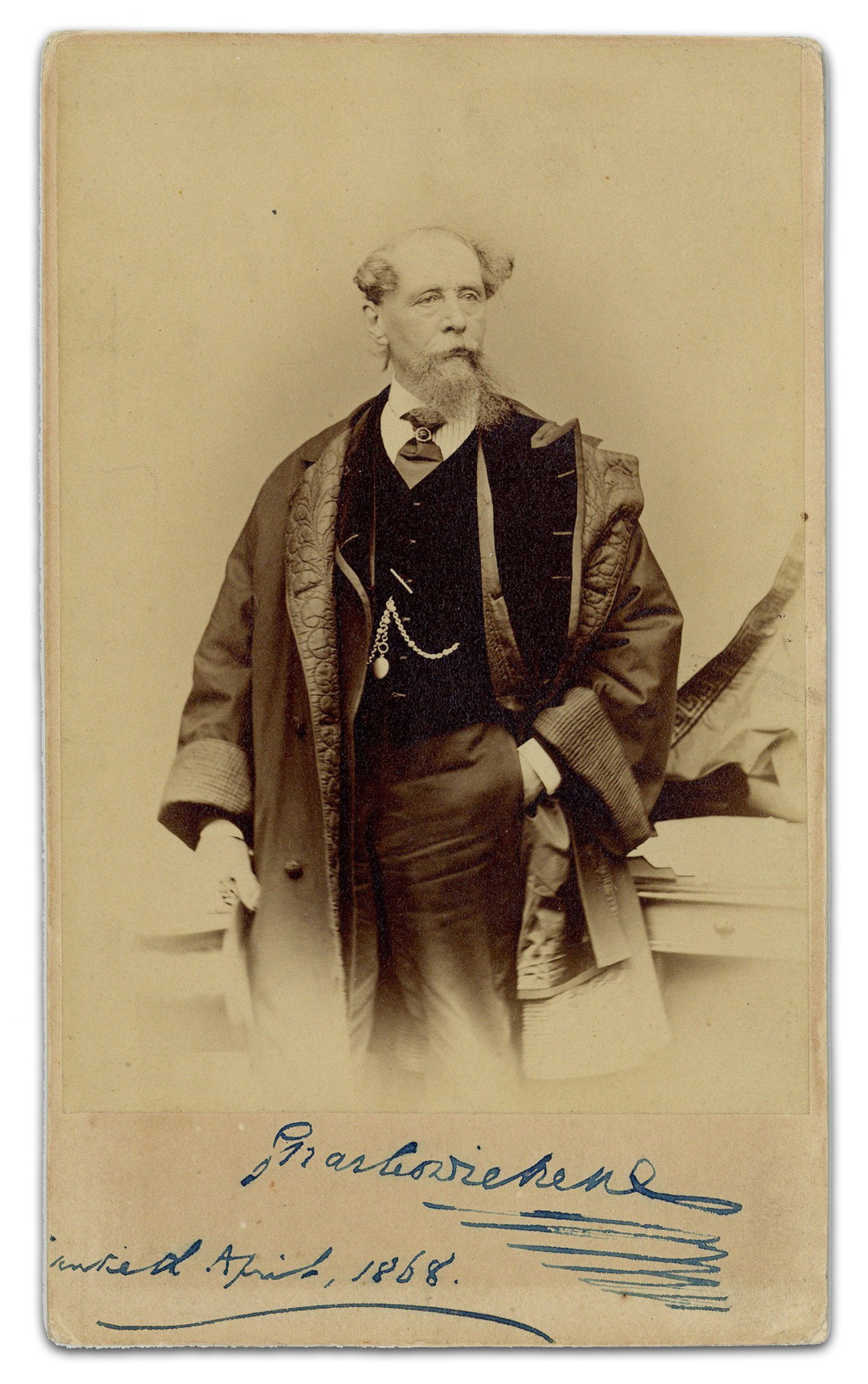Charles Dickens Boldly Signed Cabinet Card, NY Farewell Of Final American Reading Tour: Charles Dickens [New York, NY], April 20, 1868 Charles Dickens Boldly Signed Cabinet Card, NY Farewell Of Final American Reading Tour SP A cabinet card portrait photograph depicting beloved British wr