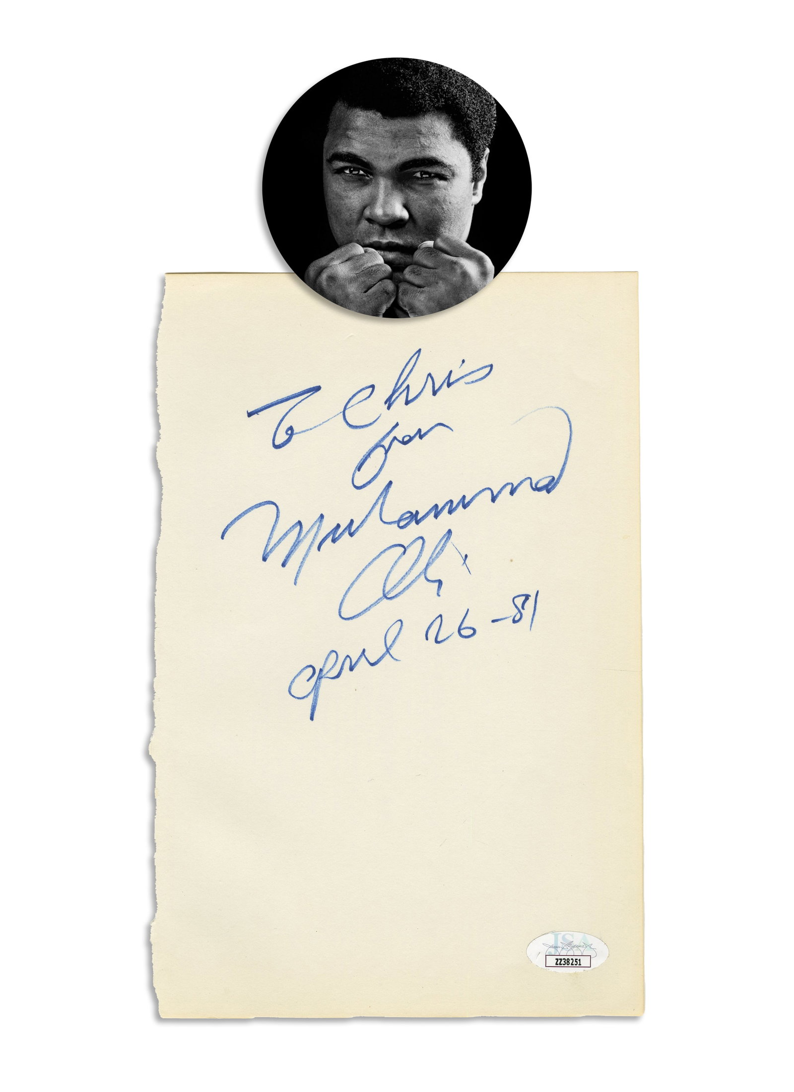 Muhammad Ali Signed Book Page Dated April 26th, 1981 JSA Authentication Sticker: Muhammad Ali n.p. [Beverly Hills, CA], April 26, 1981 Muhammad Ali Signed Book Page Dated April 26th, 1981 JSA Authentication Sticker Signature Muhammad Ali (1942-2016). Blank book page signed by Muha
