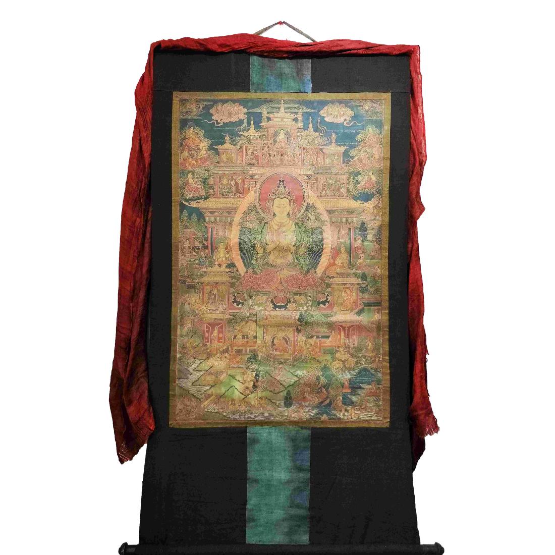 18BC TIBET THANGKA GOLD DRAWING AMITAYUS (1 of 9)