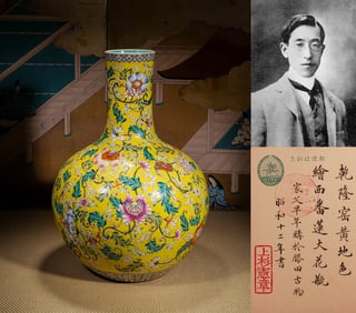 A yellow-ground famille-rose lotus vase