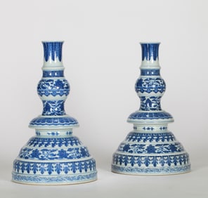 A pair of bule and white lotus candle holder