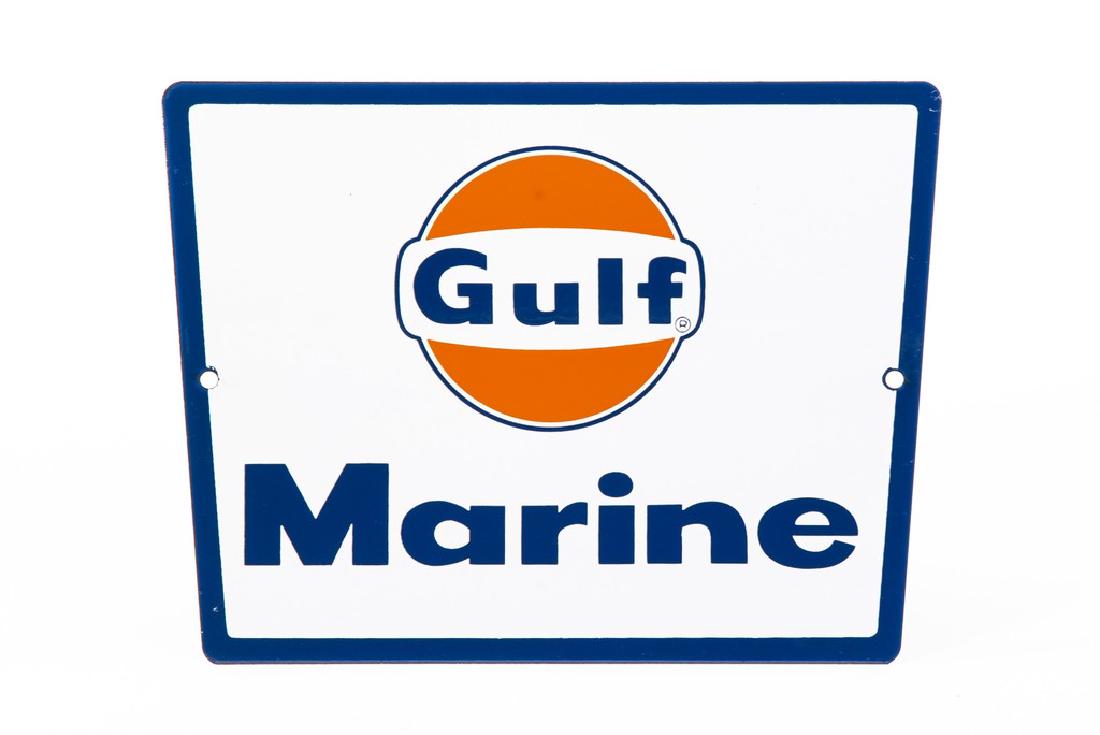 Gulf Marine Porcelain Gas Pump Plate: Gulf Marine Porcelain Gas Pump Plate SSP. The sign has very good color and gloss. It shows an extremely clean field with only a couple small factory flaws. The perimeter shows only a couple flea bites