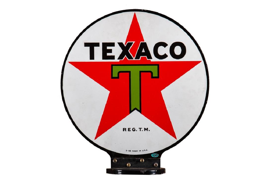 Texaco Gasoline Porcelain Gas Pump Globe: Texaco Gasoline Porcelain Gas Pump Globe Rare DSP globe authenticated by TAC #014808. Sign has very good gloss and color. Both sides show only minor discoloration and scratching. The porcelain base sh