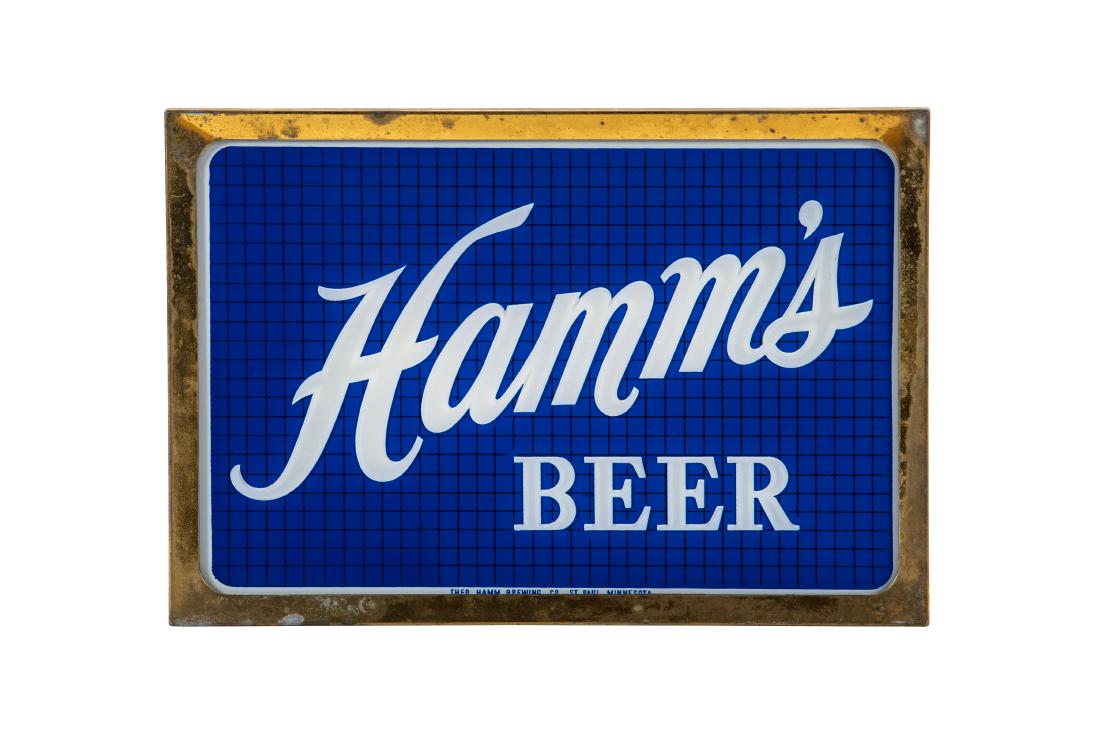 Hamm's Beer Lighted Sign: Glass panel in metal frame, in good condition, works (TAC) Size 14"x20"x4" Rating 8