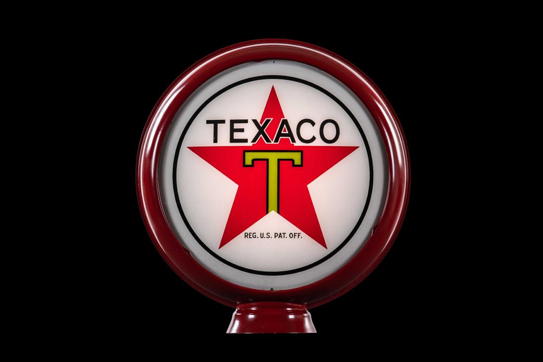Texaco Gas Pump Globe Metal Body: 2 Lenses in a painted reproduction metal body. The body shows light wear throughout. The lenses have good color and show minor paint loss and slight wear along the edge. One lens does have a few chips