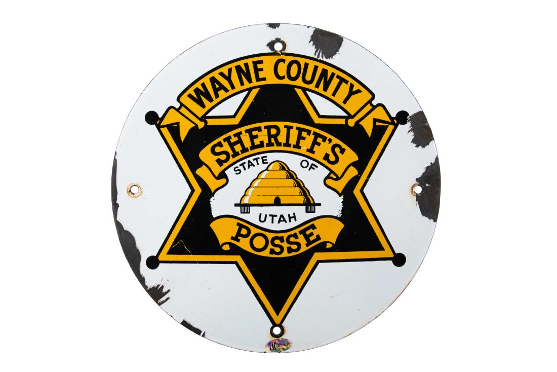 Utah Wayne County Sheriff's Sign: SSP. Great gloss and color. Shows chipping around the perimeter. Sign has been authenticated. 9" Rating: 8.25 Est. $600-$900
