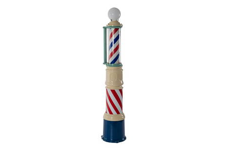 Porcelain Rotating Barber Pole : Stand up porcelain barber pole. Very good gloss and color. Shows areas of minor wear. Glass cylinder and globe are in good shape. Overall it displays very well. 83"X12" Rating: 8.5 Est: $1500-$2500