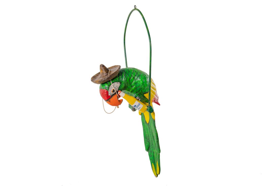Corona Parrot Hanging Sign : Custom made from a paper mache like material. It shows wear, paint loss, and cracking throughout. The bottle has been hot glued in place and the hanger is made of metal. It displays well. Measures: Me