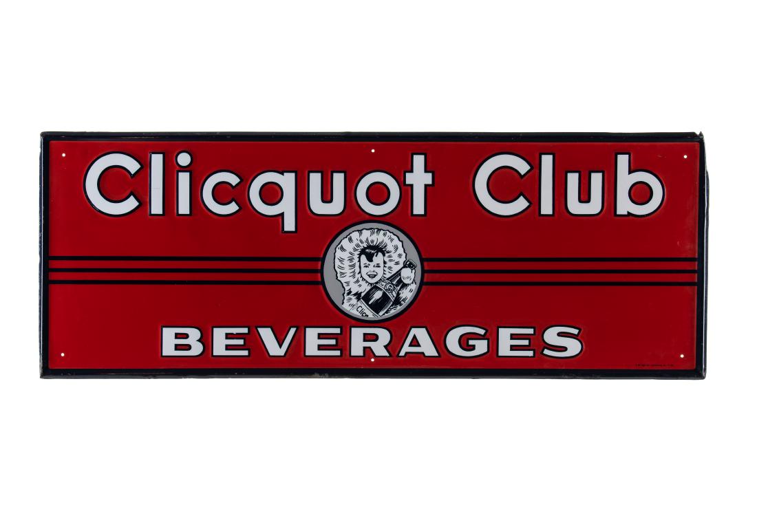 Clicquot Club Beverages Horizontal Sign: SSTE. It has above average color and gloss. It shows light wear, a few small dents, and some paint loss throughout. It displays well and is marked A-M Sign Co., Lynchburg, Va., 11-50 Measures: 17.75"x